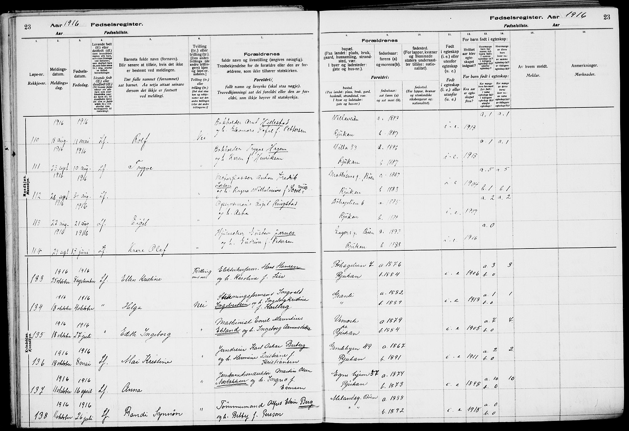 Rjukan kirkebøker, AV/SAKO-A-294/J/Ja/L0001: Fødselsregister nr. 1, 1916-1922, s. 23