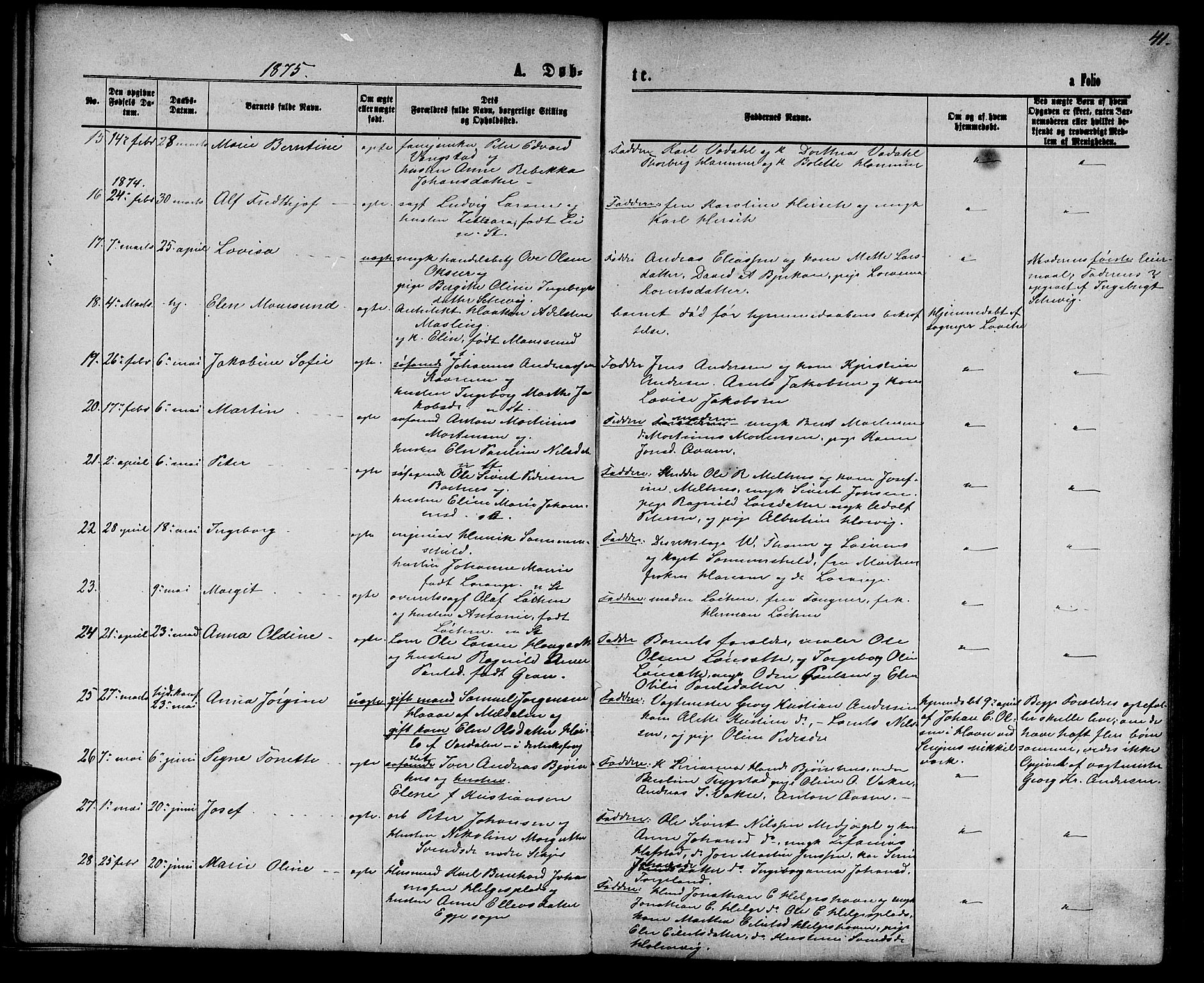 Ministerialprotokoller, klokkerbøker og fødselsregistre - Nord-Trøndelag, SAT/A-1458/739/L0373: Klokkerbok nr. 739C01, 1865-1882, s. 41