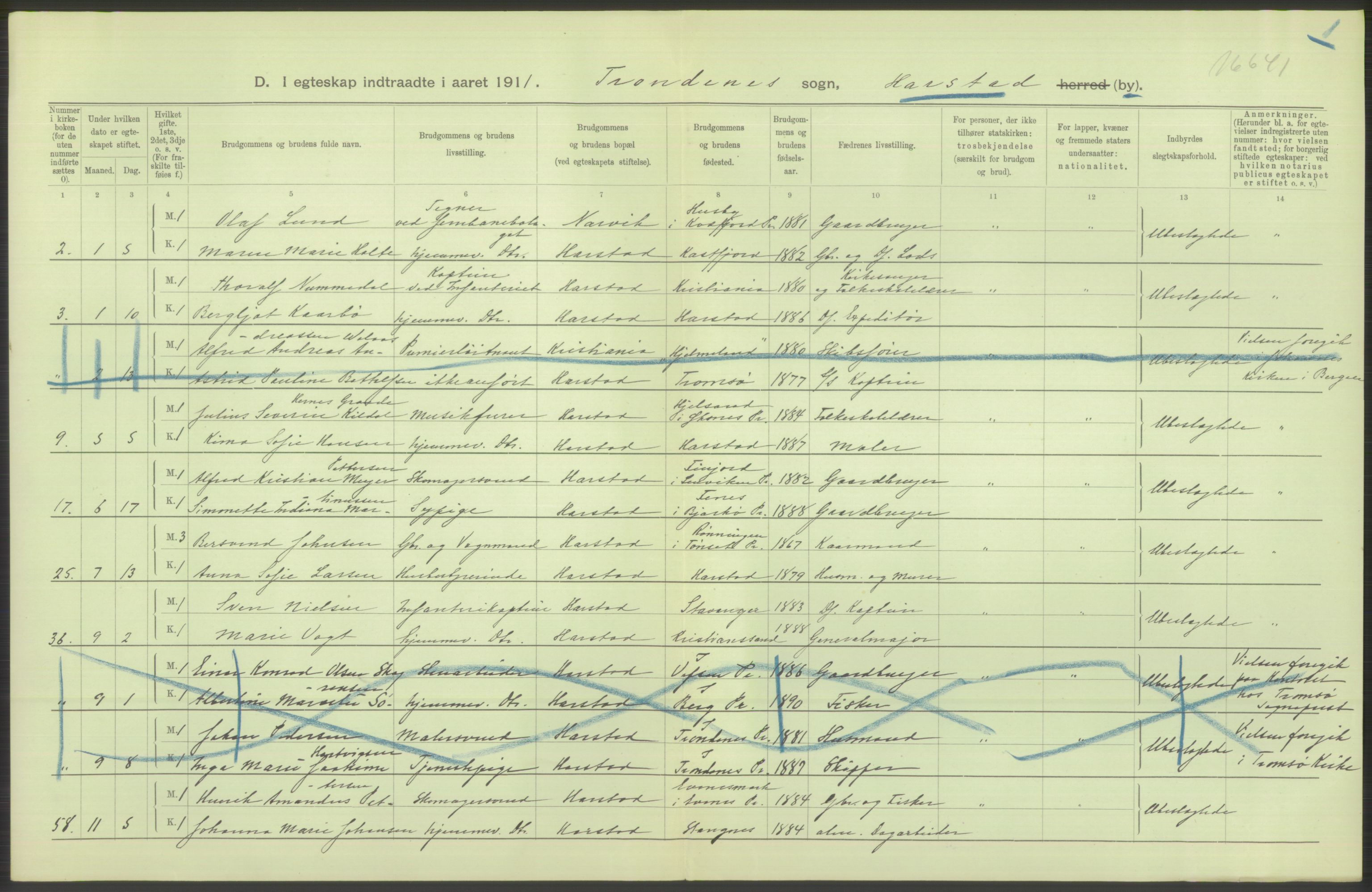 Statistisk sentralbyrå, Sosiodemografiske emner, Befolkning, AV/RA-S-2228/D/Df/Dfb/Dfba/L0048: Tromsø amt:  Gifte, døde, dødfødte. Bygder og byer., 1911, s. 122