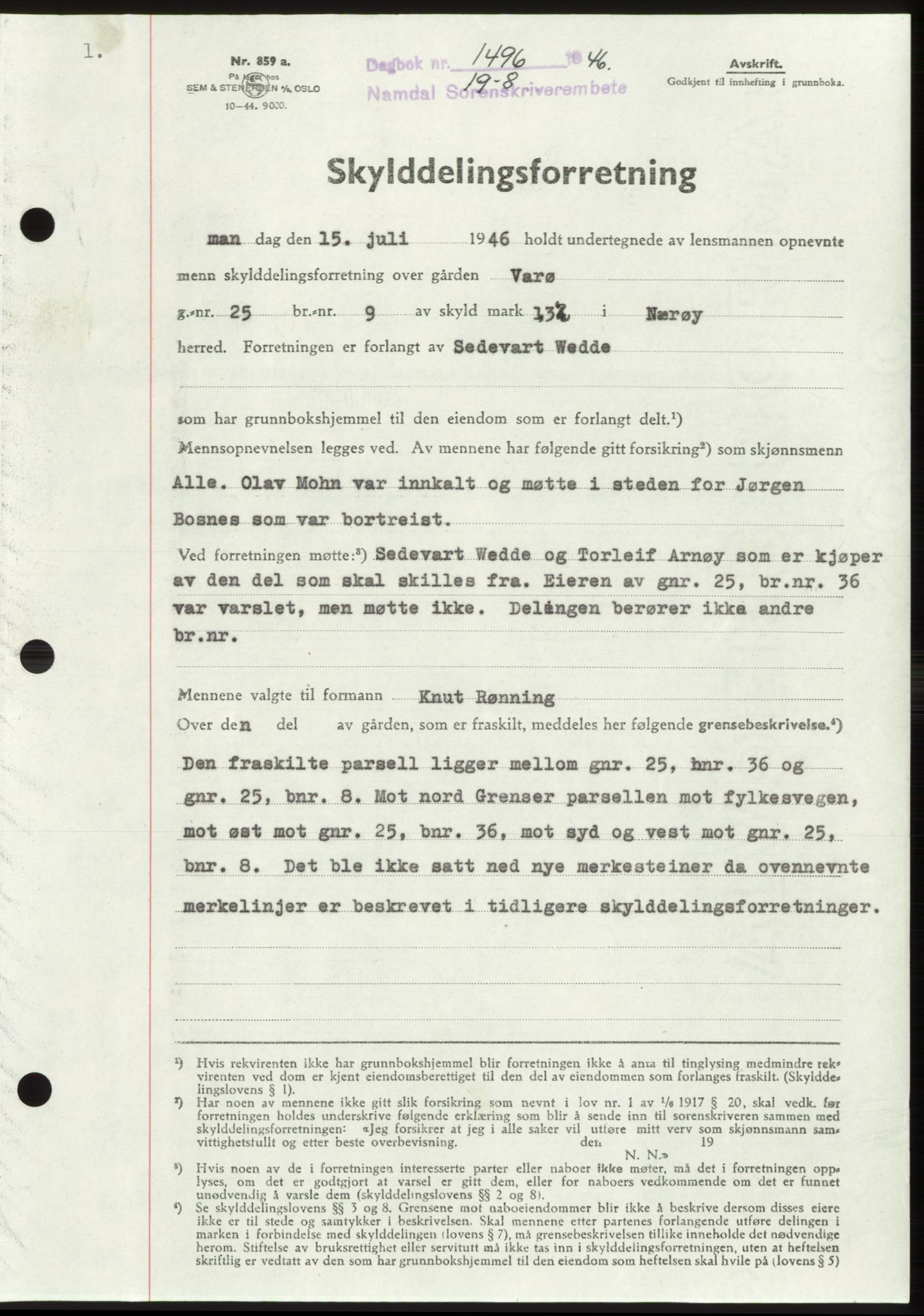 Namdal sorenskriveri, SAT/A-4133/1/2/2C: Pantebok nr. -, 1946-1946, Dagboknr: 1496/1946