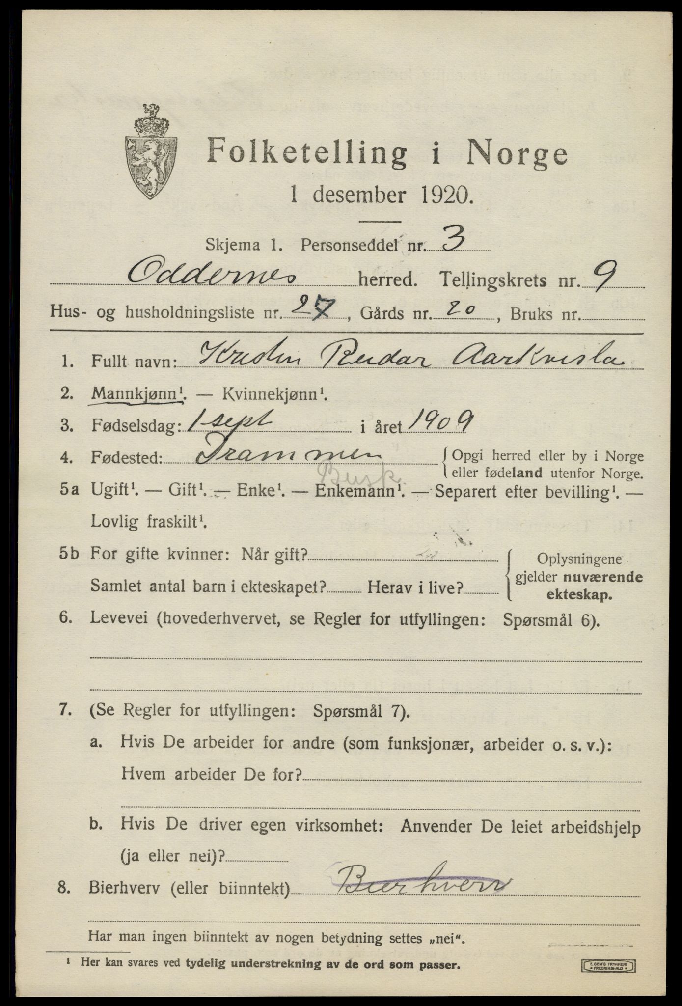SAK, Folketelling 1920 for 1012 Oddernes herred, 1920, s. 6343