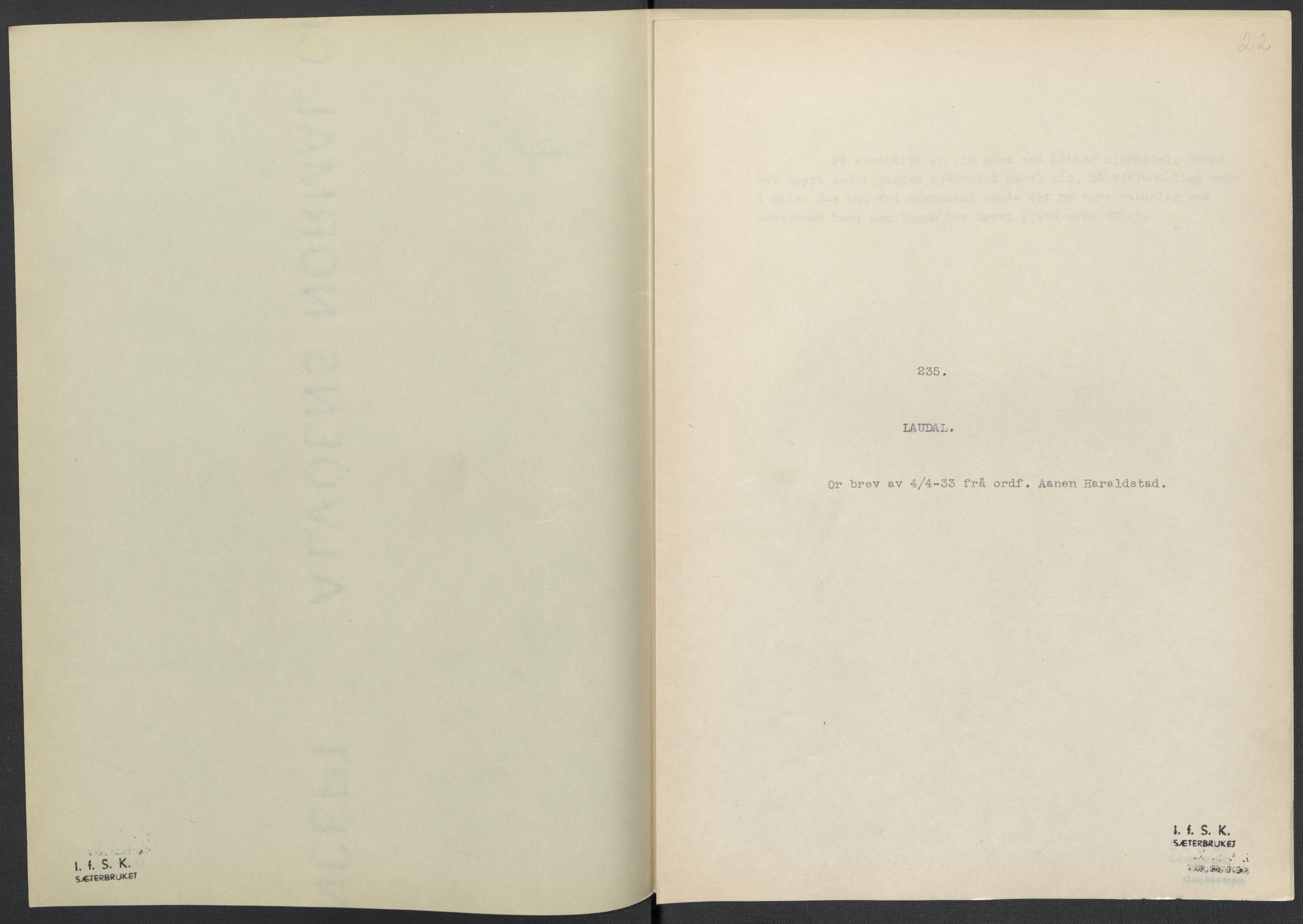 Instituttet for sammenlignende kulturforskning, AV/RA-PA-0424/F/Fc/L0008/0003: Eske B8: / Vest-Agder (perm XXI), 1932-1935, s. 22