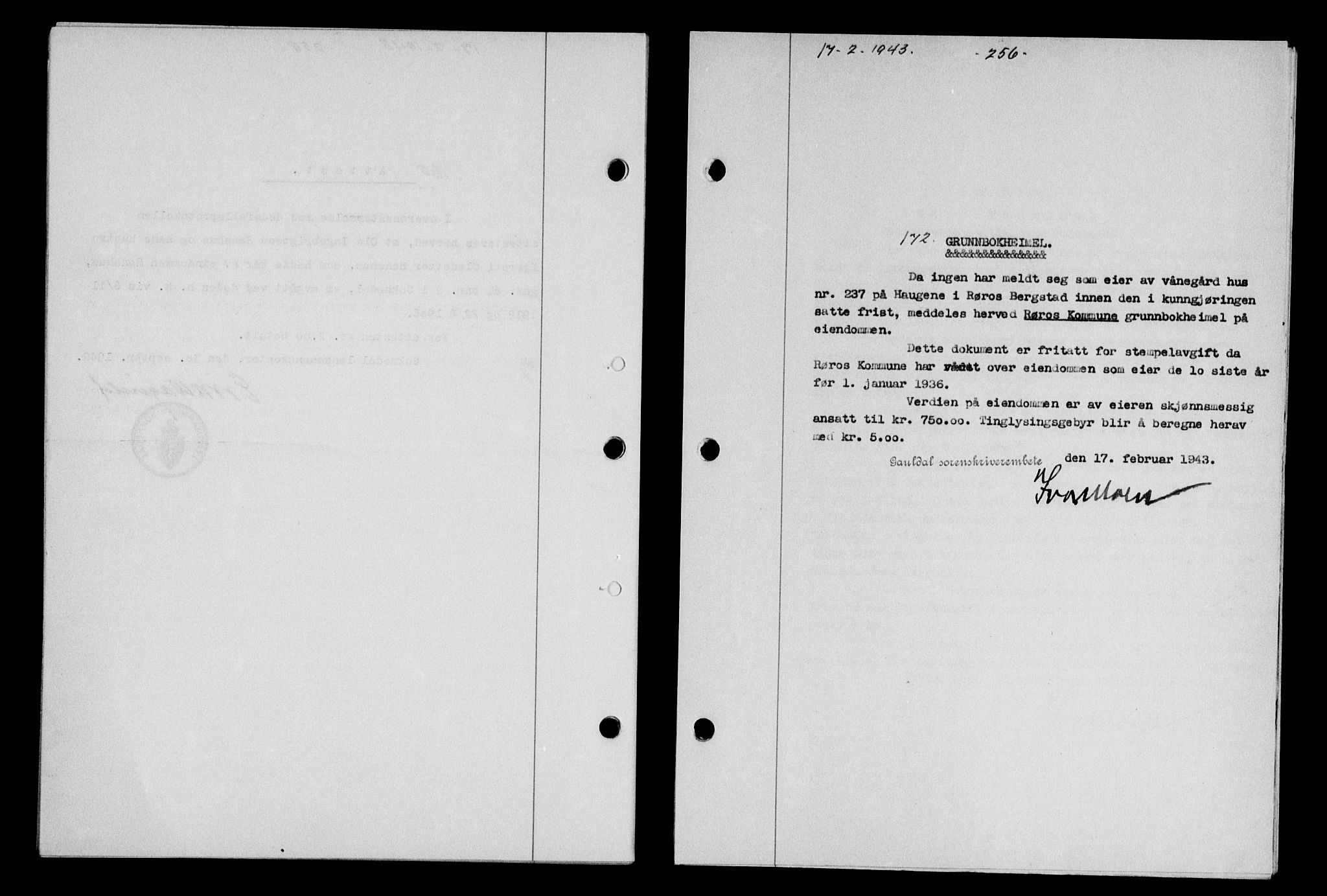 Gauldal sorenskriveri, SAT/A-0014/1/2/2C/L0056: Pantebok nr. 61, 1942-1943, Dagboknr: 172/1943