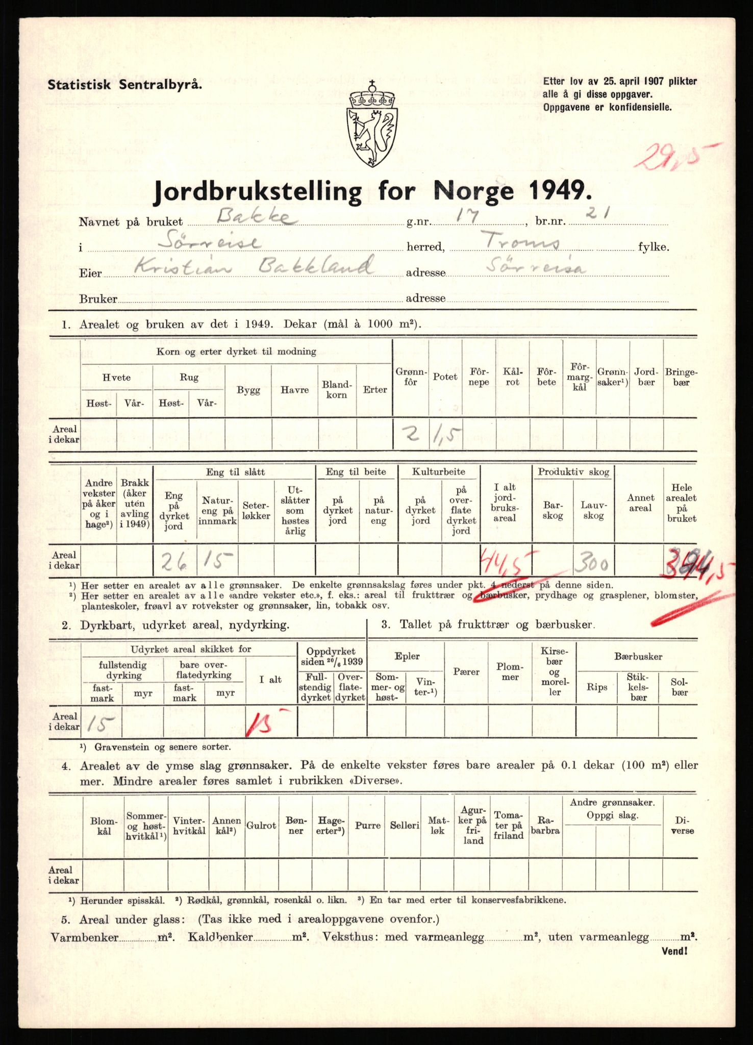 Statistisk sentralbyrå, Næringsøkonomiske emner, Jordbruk, skogbruk, jakt, fiske og fangst, AV/RA-S-2234/G/Gc/L0440: Troms: Sørreisa og Dyrøy, 1949, s. 645