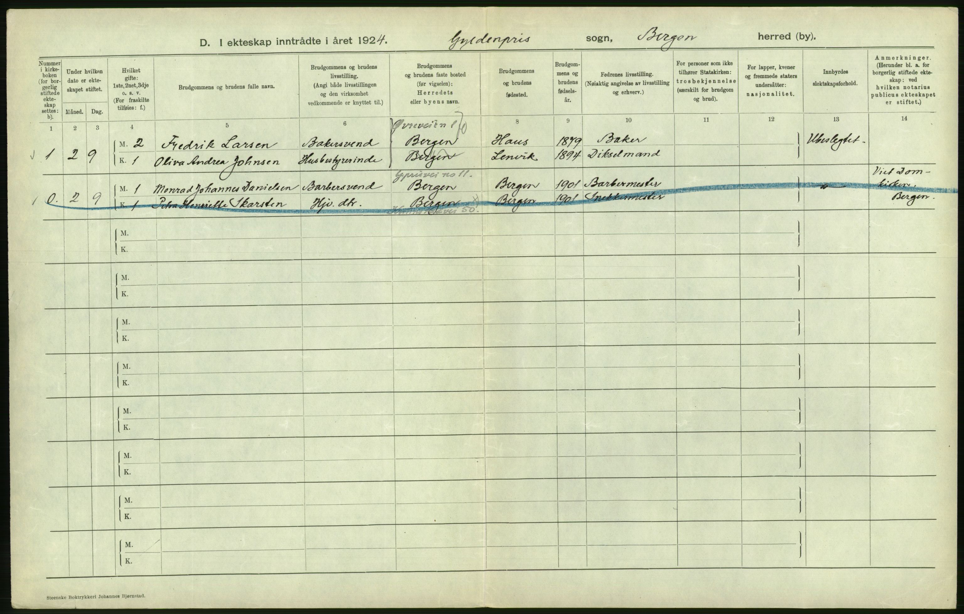 Statistisk sentralbyrå, Sosiodemografiske emner, Befolkning, RA/S-2228/D/Df/Dfc/Dfcd/L0028: Bergen: Gifte, døde., 1924, s. 264