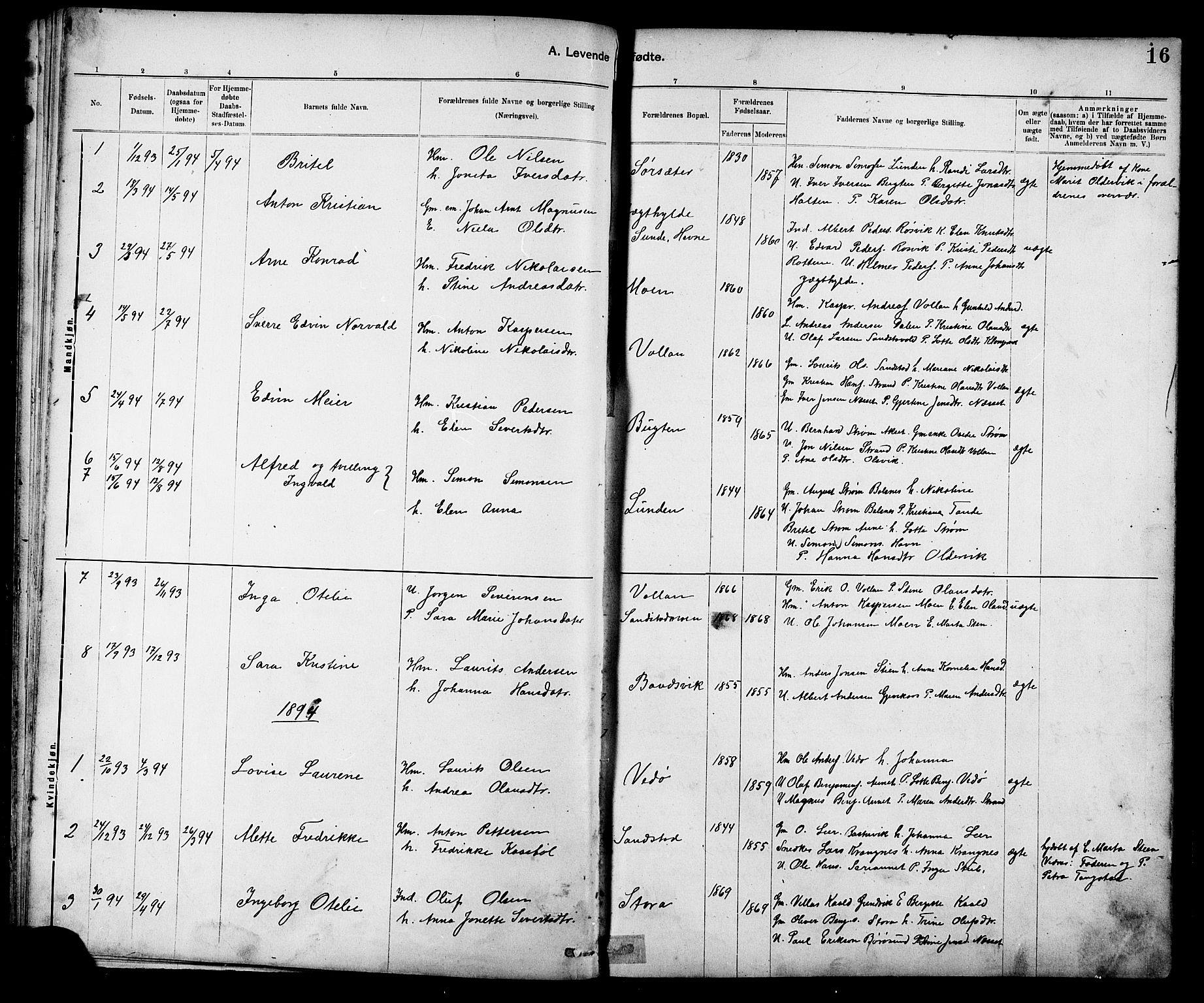 Ministerialprotokoller, klokkerbøker og fødselsregistre - Sør-Trøndelag, SAT/A-1456/639/L0573: Klokkerbok nr. 639C01, 1890-1905, s. 16