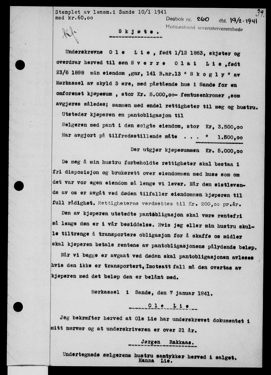 Holmestrand sorenskriveri, SAKO/A-67/G/Ga/Gaa/L0053: Pantebok nr. A-53, 1941-1941, Dagboknr: 260/1941