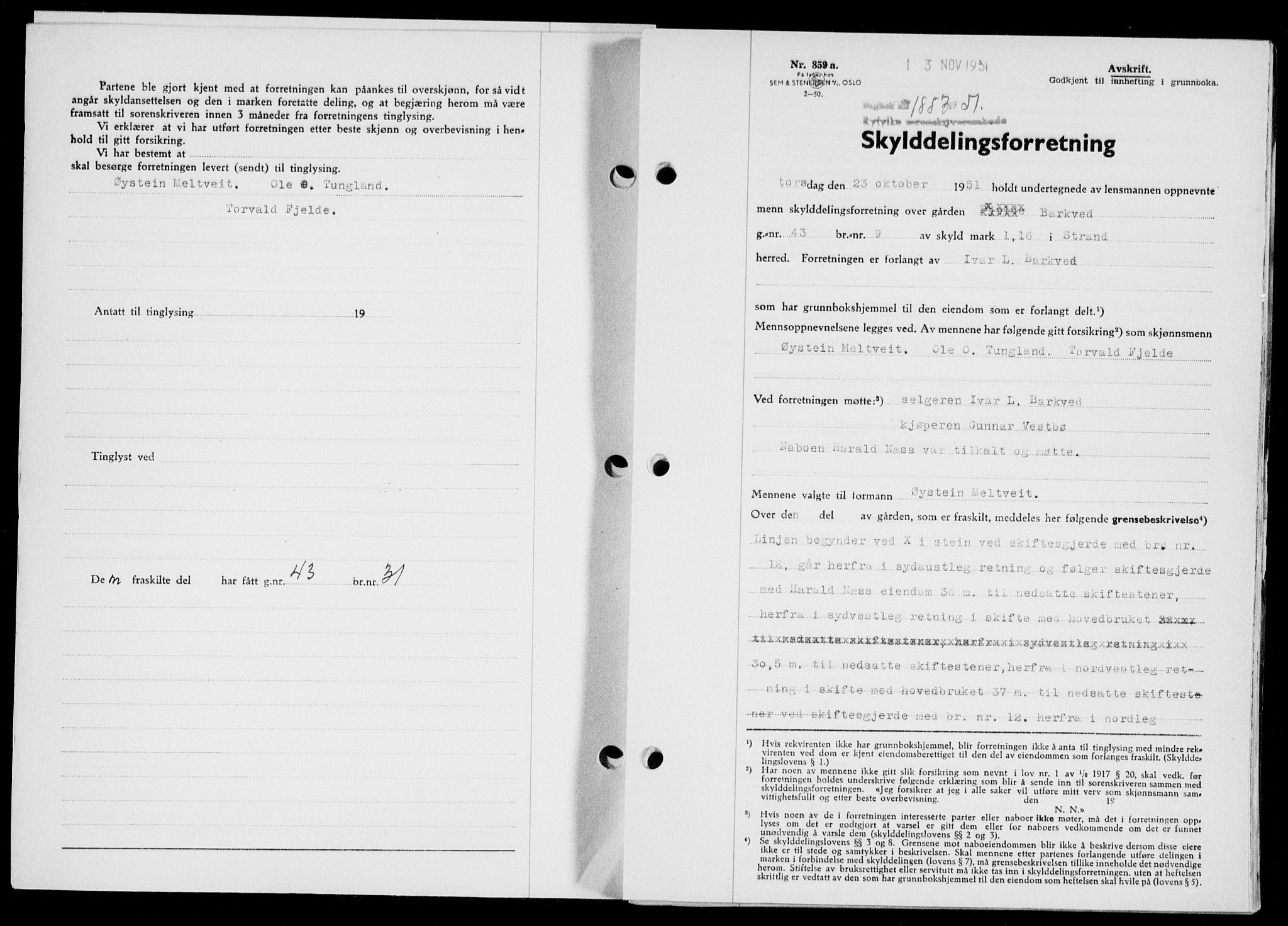Ryfylke tingrett, SAST/A-100055/001/II/IIB/L0114: Pantebok nr. 93, 1951-1951, Dagboknr: 1857/1951