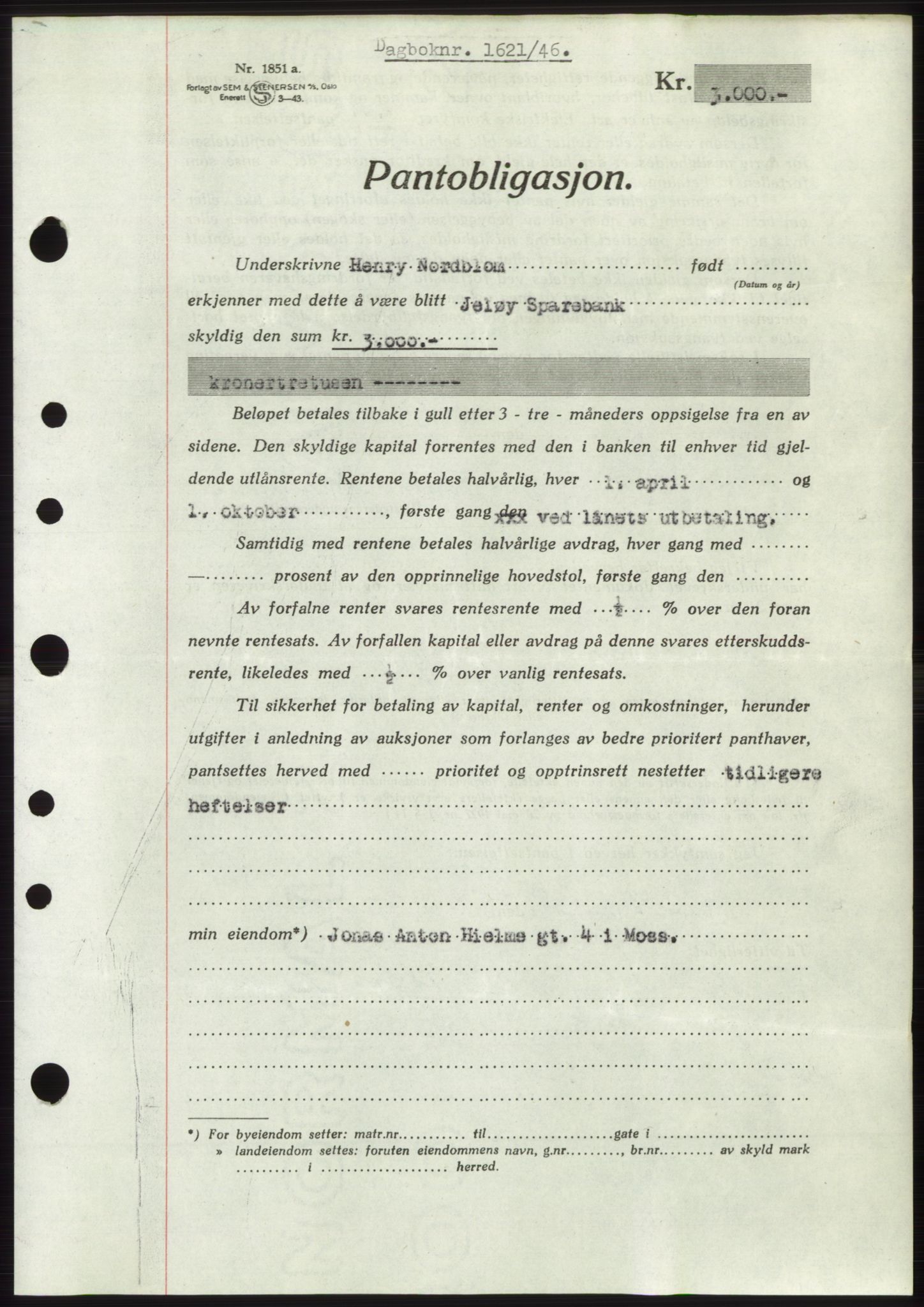 Moss sorenskriveri, SAO/A-10168: Pantebok nr. B15, 1946-1946, Dagboknr: 1621/1946