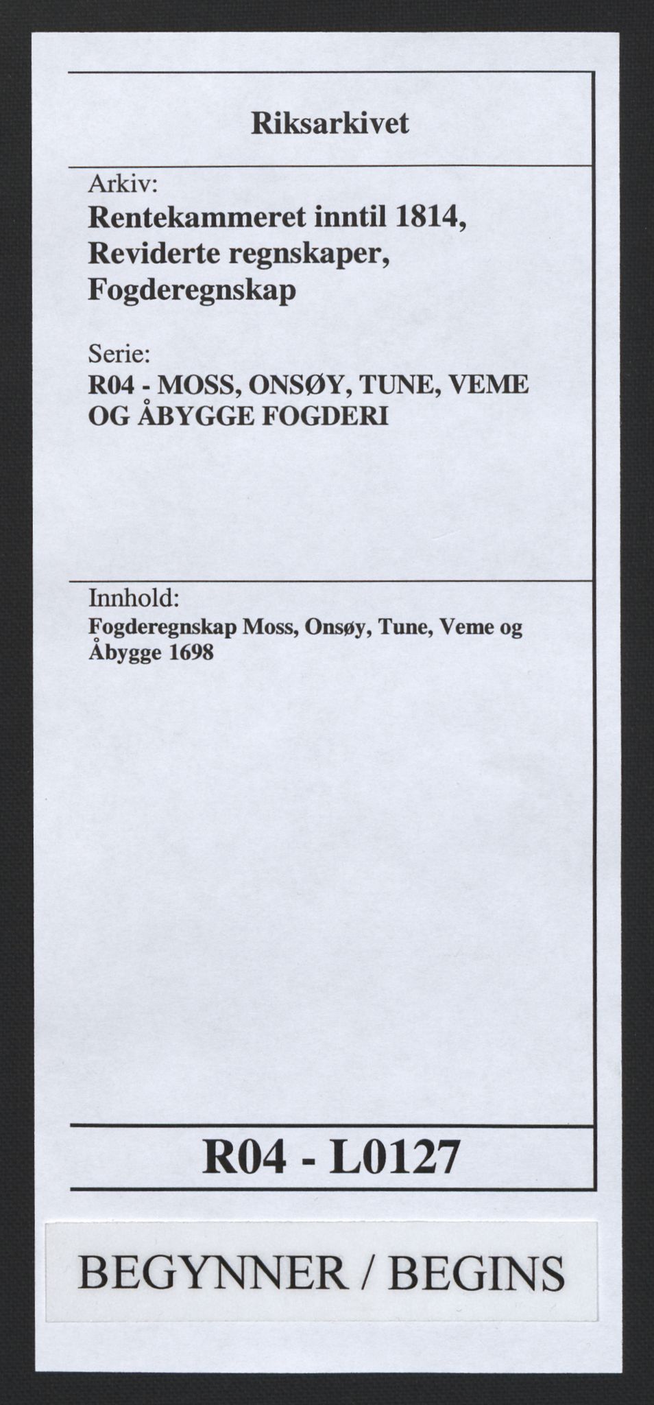 Rentekammeret inntil 1814, Reviderte regnskaper, Fogderegnskap, AV/RA-EA-4092/R04/L0127: Fogderegnskap Moss, Onsøy, Tune, Veme og Åbygge, 1698, s. 1