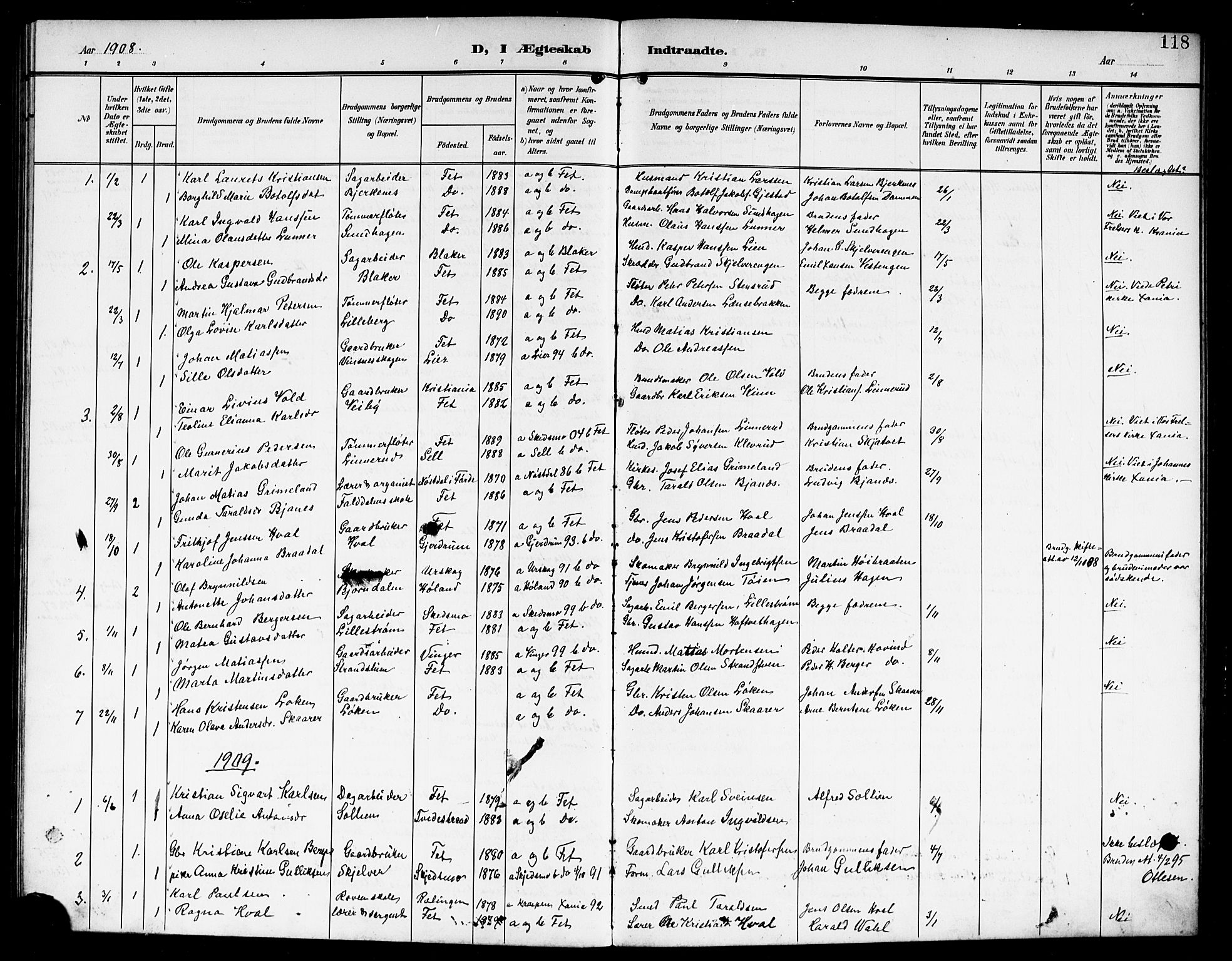 Fet prestekontor Kirkebøker, AV/SAO-A-10370a/G/Ga/L0008: Klokkerbok nr. I 8, 1907-1920, s. 118