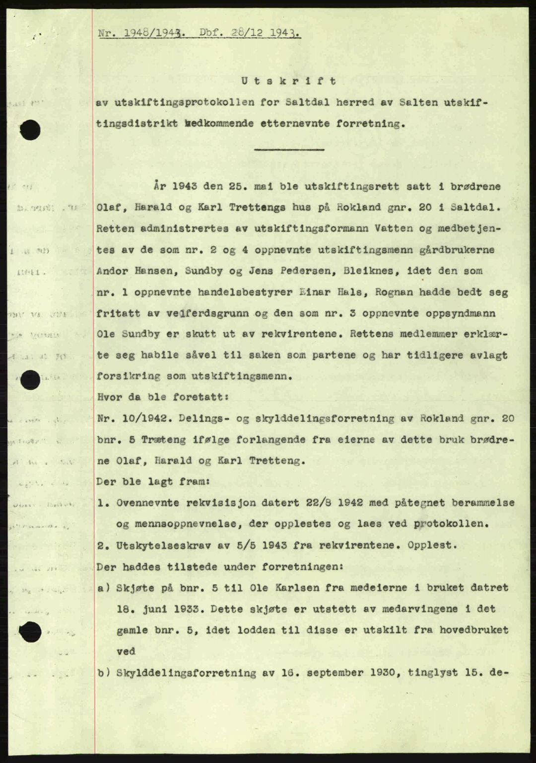 Salten sorenskriveri, SAT/A-4578/1/2/2C: Pantebok nr. A14-15, 1943-1945, Dagboknr: 1948/1943