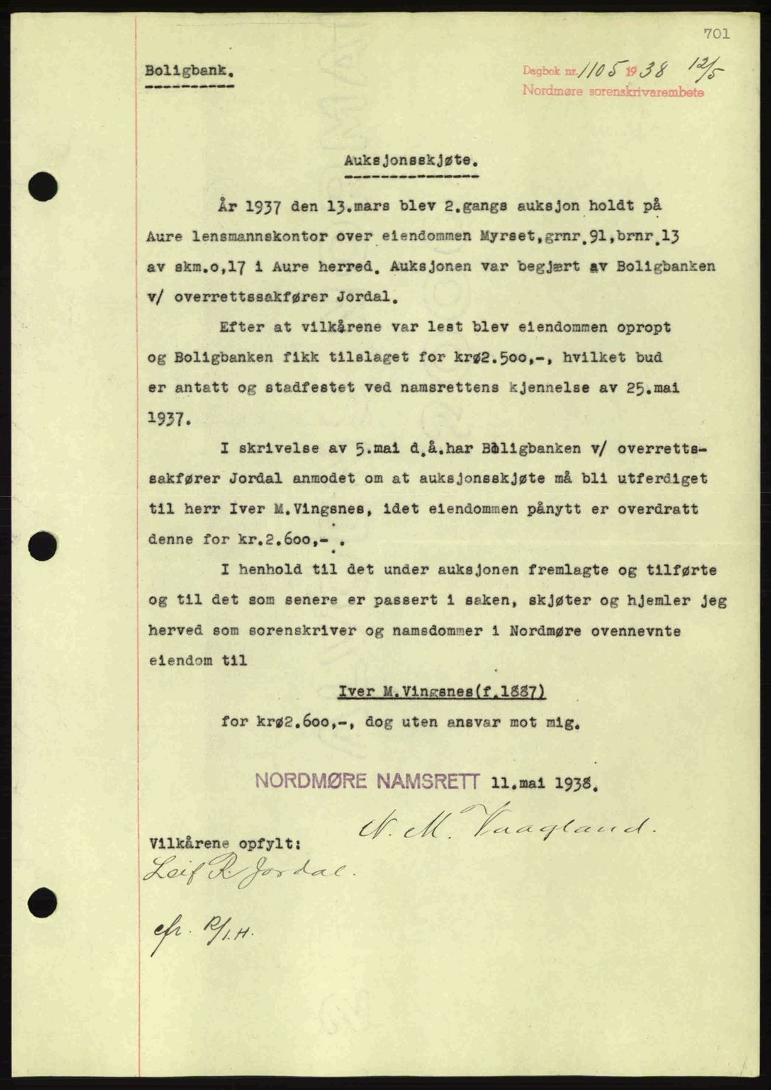 Nordmøre sorenskriveri, SAT/A-4132/1/2/2Ca: Pantebok nr. A83, 1938-1938, Dagboknr: 1105/1938