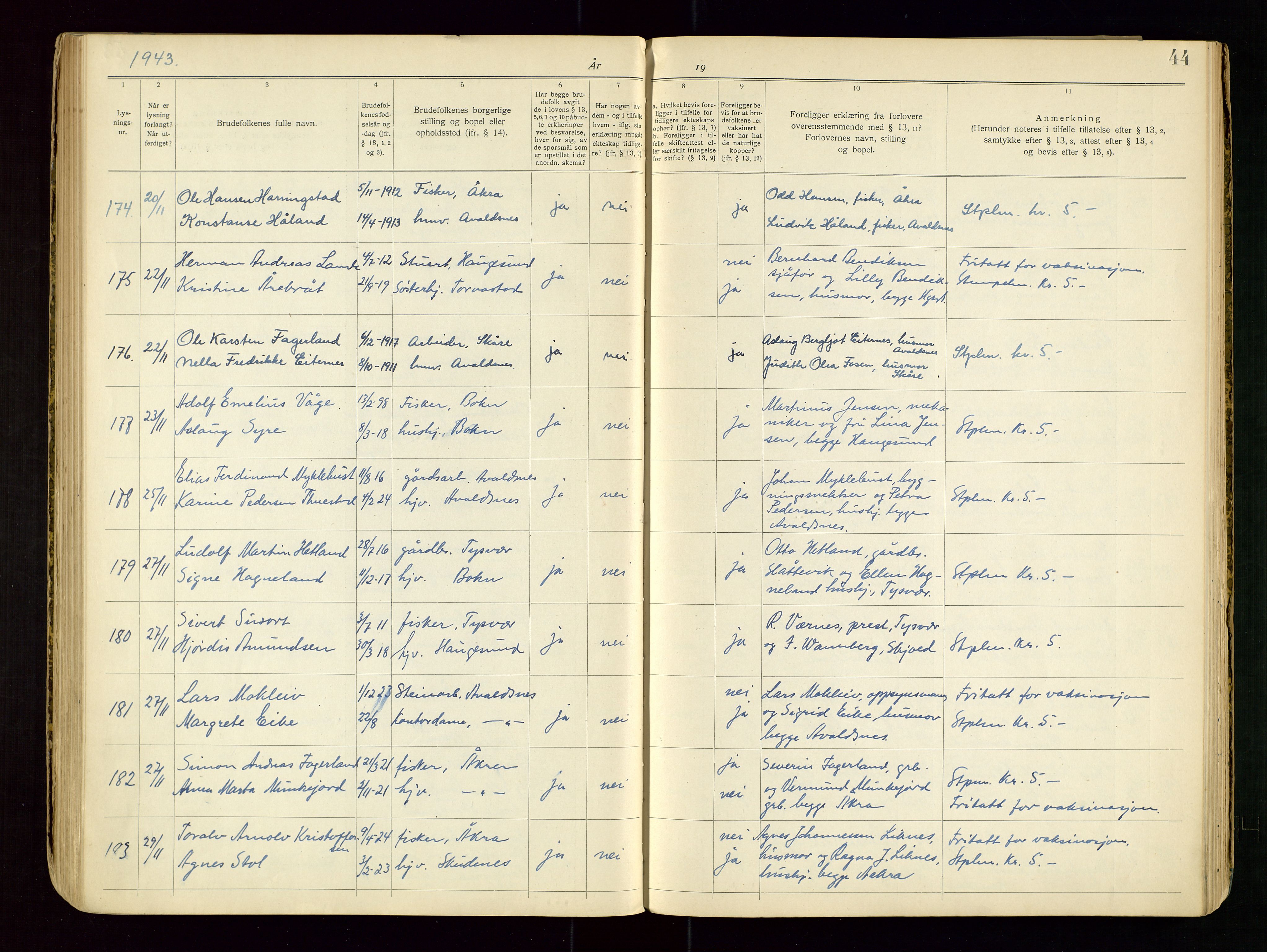 Karmsund sorenskriveri, AV/SAST-A-100311/01/III/IIICB/L0001: LYSINGSBOK, 1919-1967, s. 44
