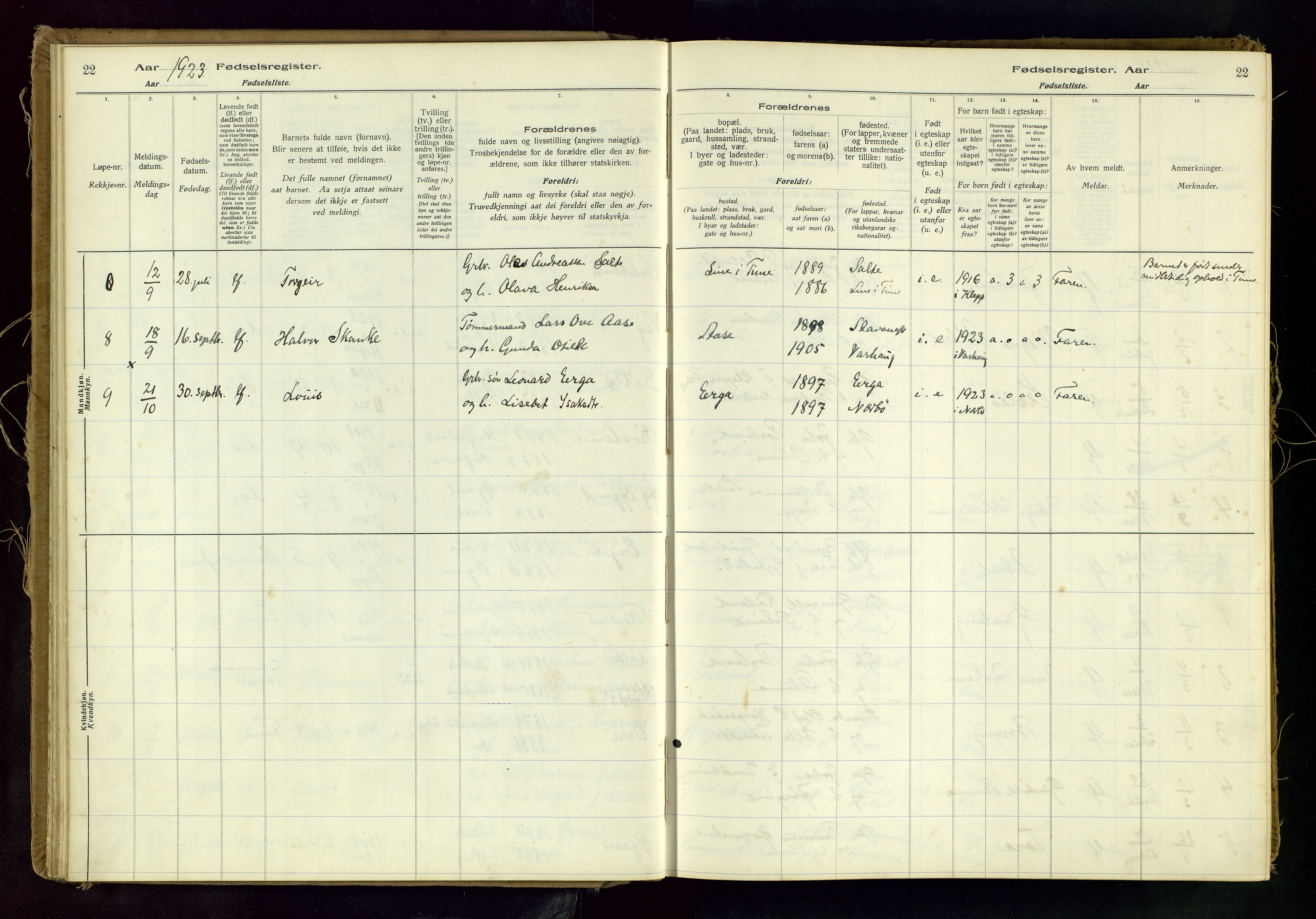 Klepp sokneprestkontor, AV/SAST-A-101803/001/704BAC/L0001: Fødselsregister nr. 1, 1916-1982, s. 22