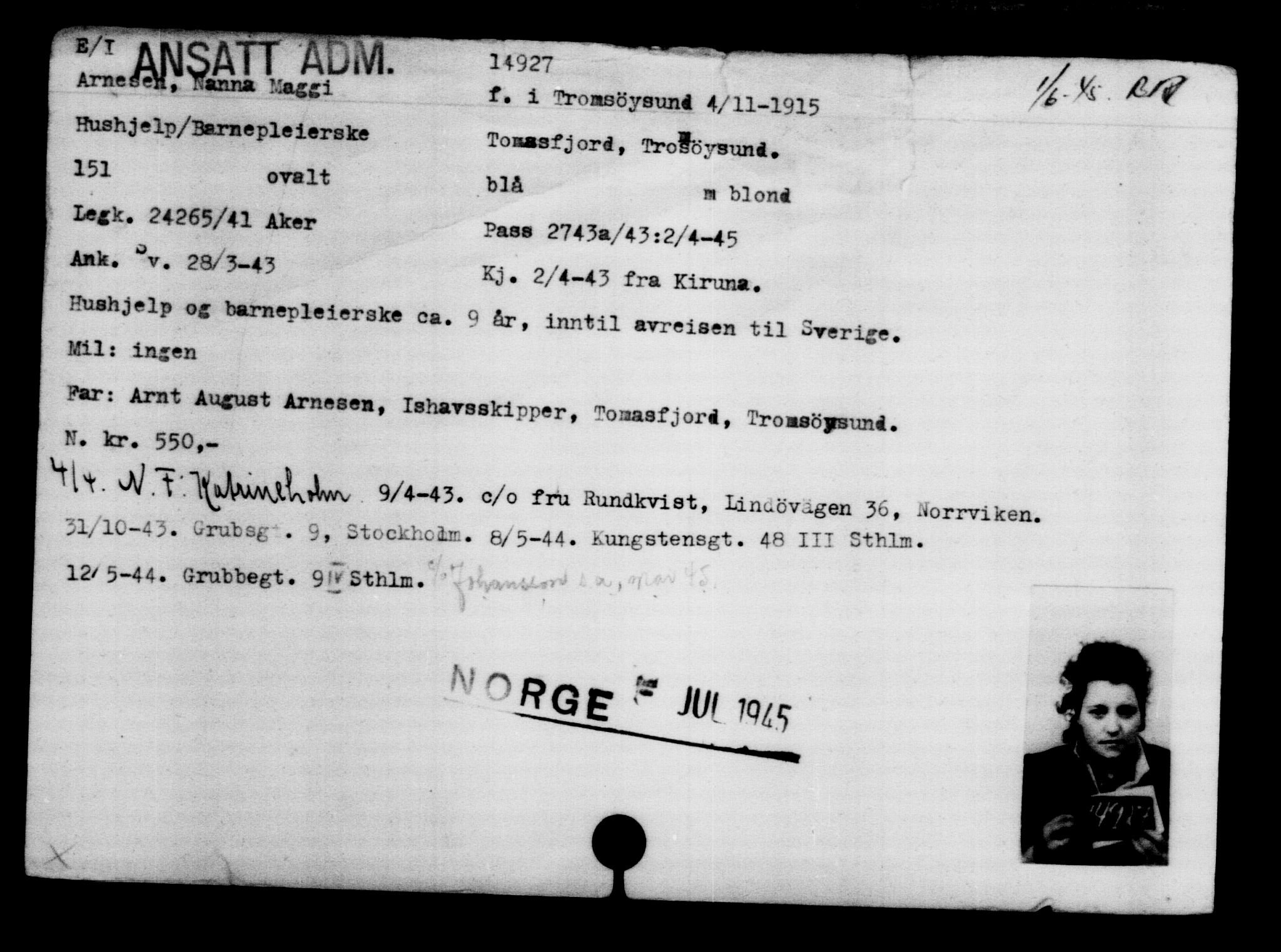 Den Kgl. Norske Legasjons Flyktningskontor, AV/RA-S-6753/V/Va/L0007: Kjesäterkartoteket.  Flyktningenr. 12700-15723, 1940-1945, s. 2565