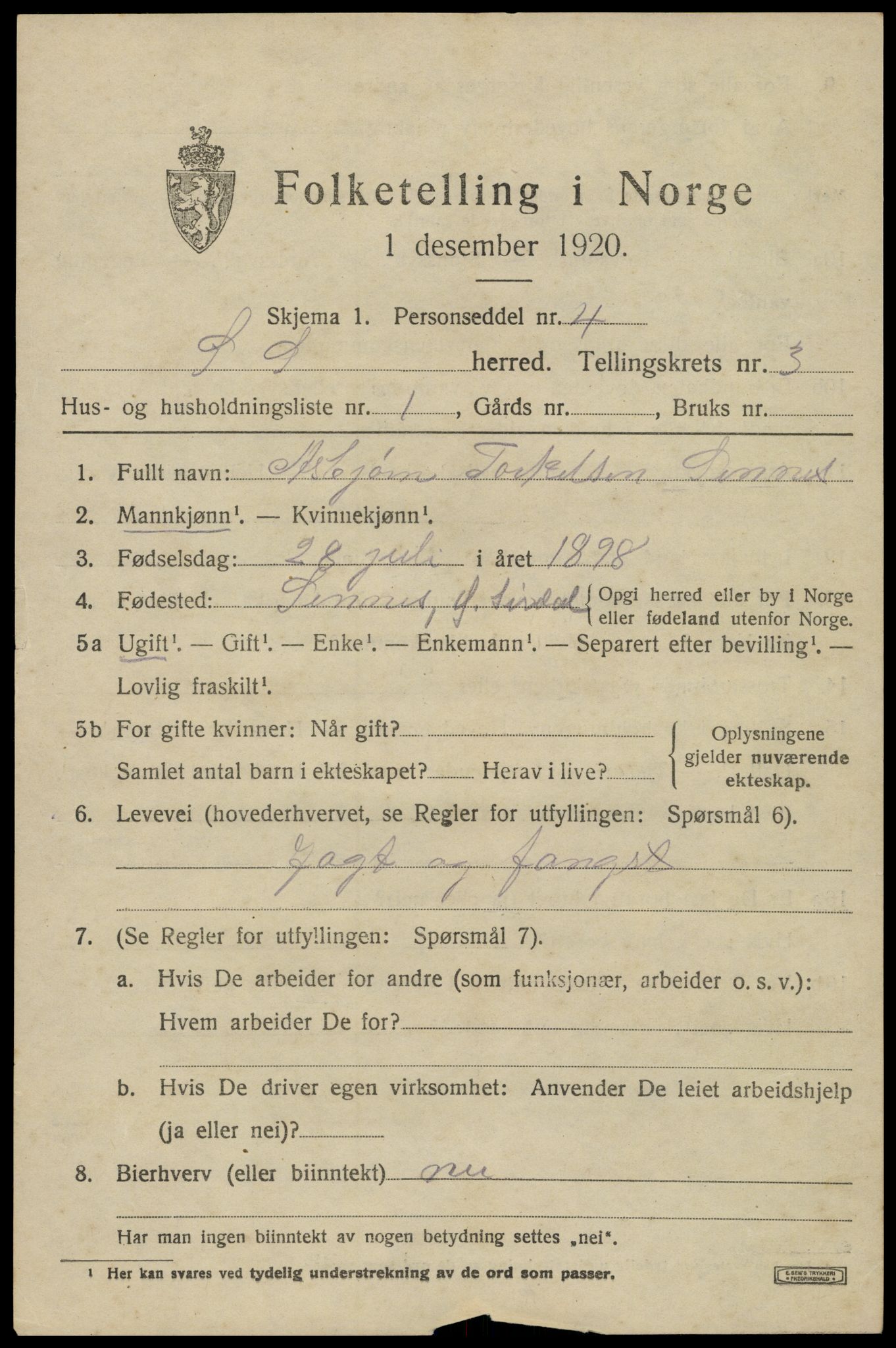 SAK, Folketelling 1920 for 1047 Øvre Sirdal herred, 1920, s. 539