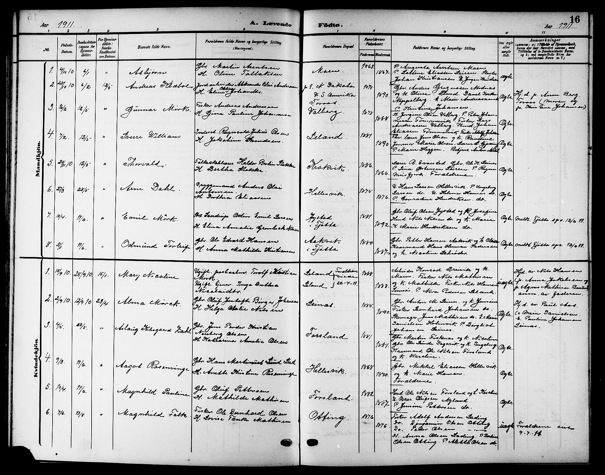 Ministerialprotokoller, klokkerbøker og fødselsregistre - Nordland, SAT/A-1459/832/L0494: Klokkerbok nr. 832C01, 1906-1922, s. 16