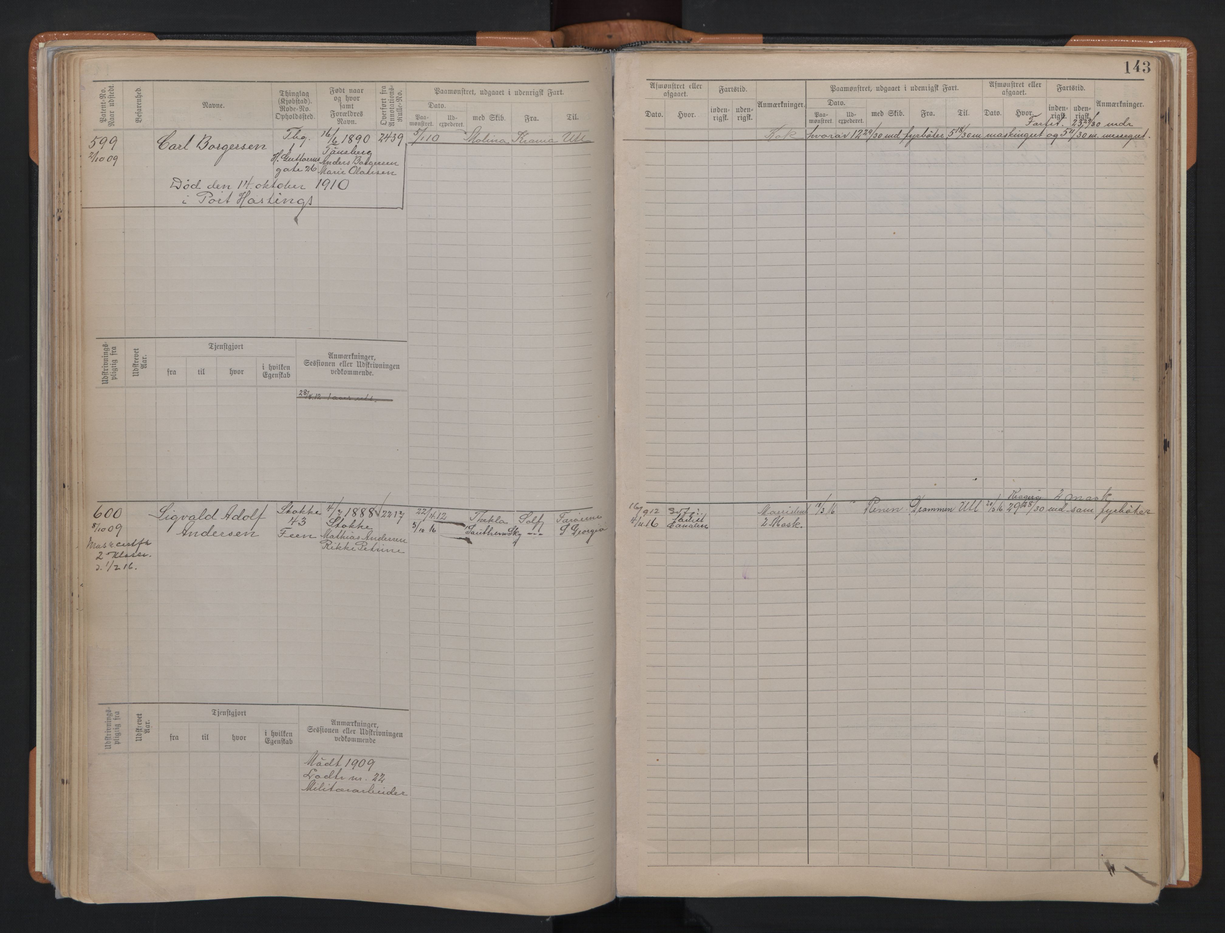 Tønsberg innrulleringskontor, AV/SAKO-A-786/F/Fe/L0004: Maskinist- og fyrbøterrulle Patent nr. 315-1079, 1902-1922, s. 143