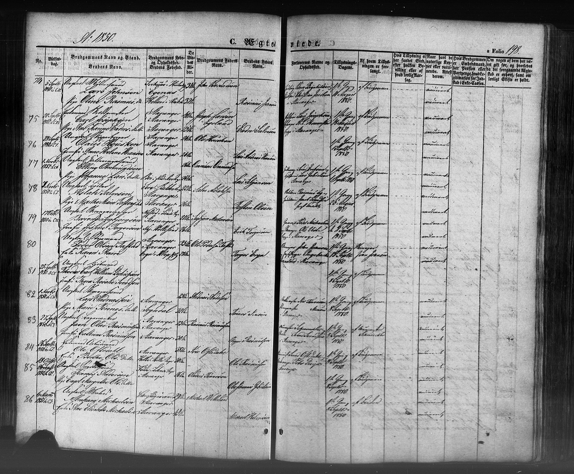 Domkirken sokneprestkontor, AV/SAST-A-101812/001/30/30BB/L0009: Klokkerbok nr. B 9, 1850-1858, s. 198