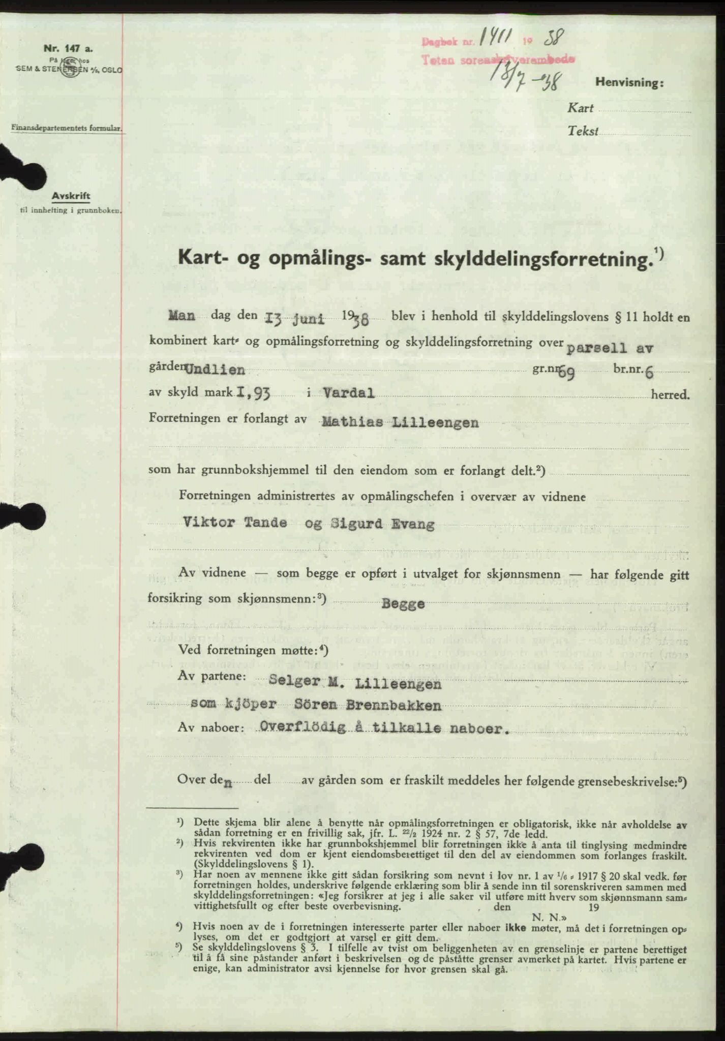 Toten tingrett, SAH/TING-006/H/Hb/Hbc/L0004: Pantebok nr. Hbc-04, 1938-1938, Dagboknr: 1411/1938