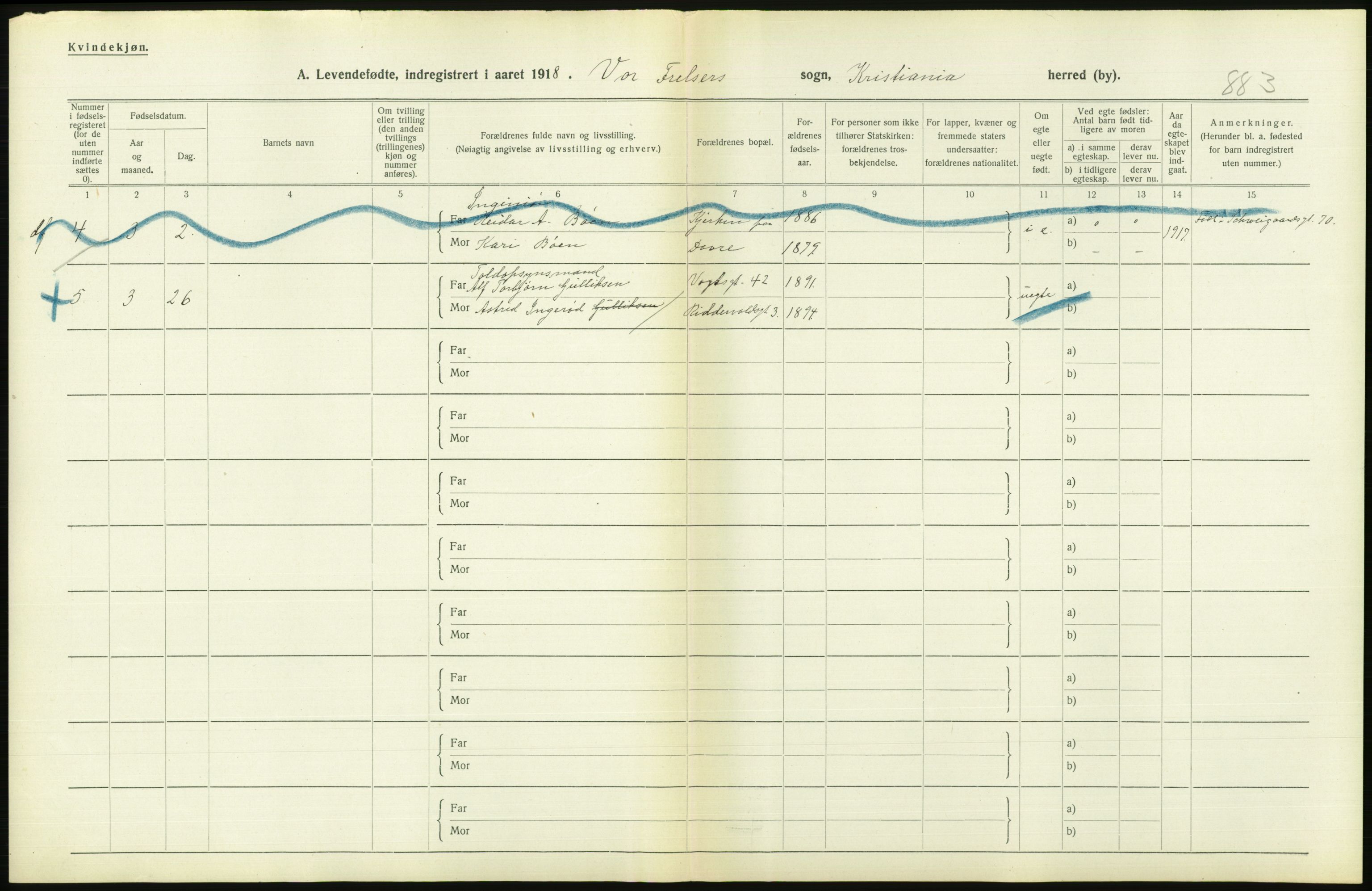 Statistisk sentralbyrå, Sosiodemografiske emner, Befolkning, AV/RA-S-2228/D/Df/Dfb/Dfbh/L0008: Kristiania: Levendefødte menn og kvinner., 1918, s. 6