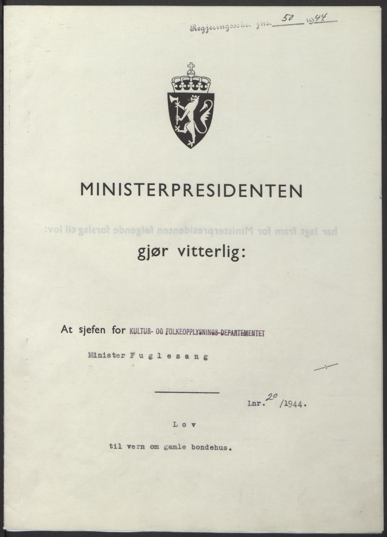 NS-administrasjonen 1940-1945 (Statsrådsekretariatet, de kommisariske statsråder mm), RA/S-4279/D/Db/L0100: Lover, 1944, s. 90