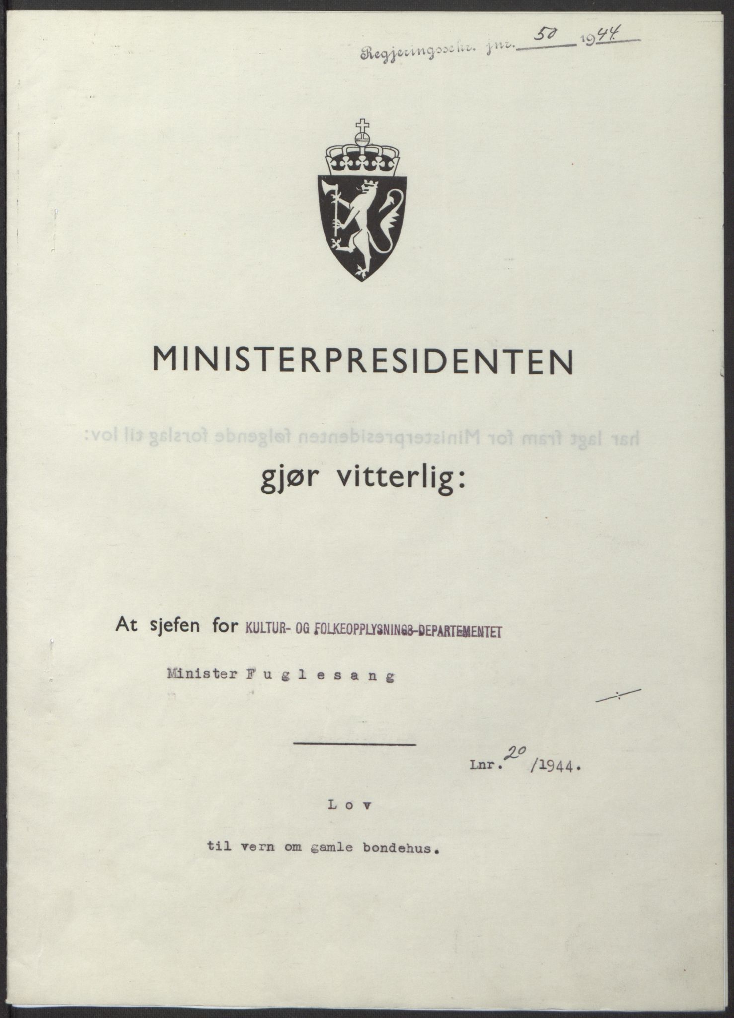 NS-administrasjonen 1940-1945 (Statsrådsekretariatet, de kommisariske statsråder mm), AV/RA-S-4279/D/Db/L0100: Lover, 1944, s. 90