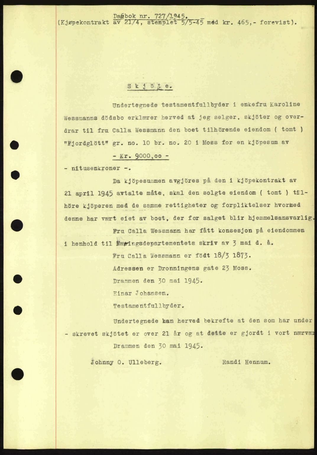 Moss sorenskriveri, SAO/A-10168: Pantebok nr. A13, 1944-1945, Dagboknr: 727/1945