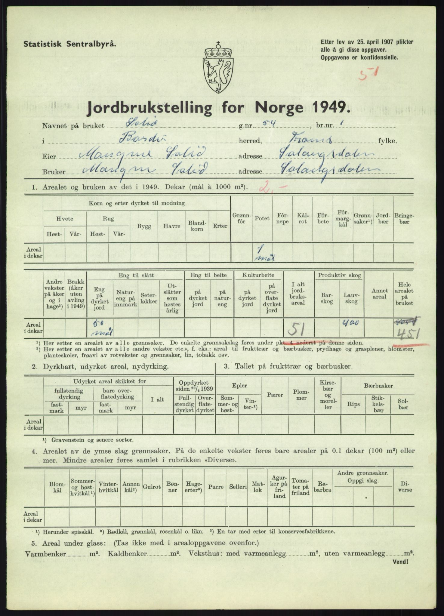 Statistisk sentralbyrå, Næringsøkonomiske emner, Jordbruk, skogbruk, jakt, fiske og fangst, AV/RA-S-2234/G/Gc/L0438: Troms: Salangen og Bardu, 1949, s. 1467