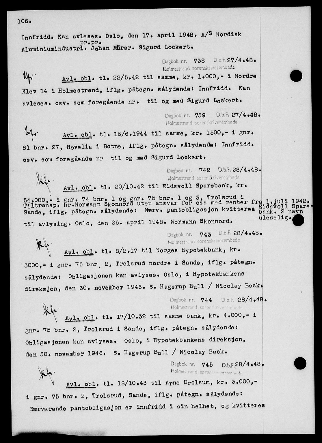 Holmestrand sorenskriveri, SAKO/A-67/G/Ga/Gab/L0058: Pantebok nr. B-58, 1947-1948, s. 106, Dagboknr: 738/1948
