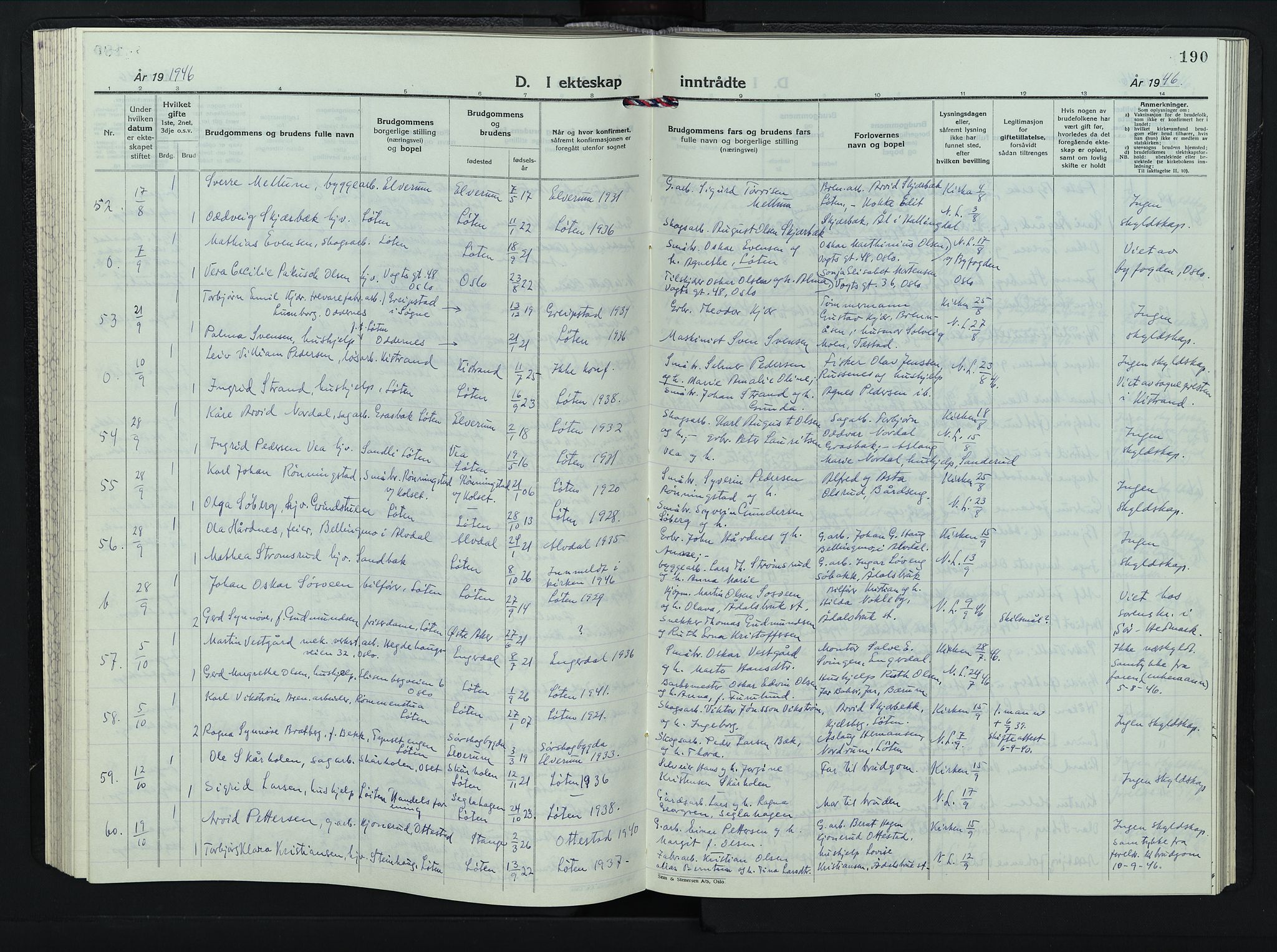 Løten prestekontor, AV/SAH-PREST-022/L/La/L0011: Klokkerbok nr. 11, 1946-1953, s. 190