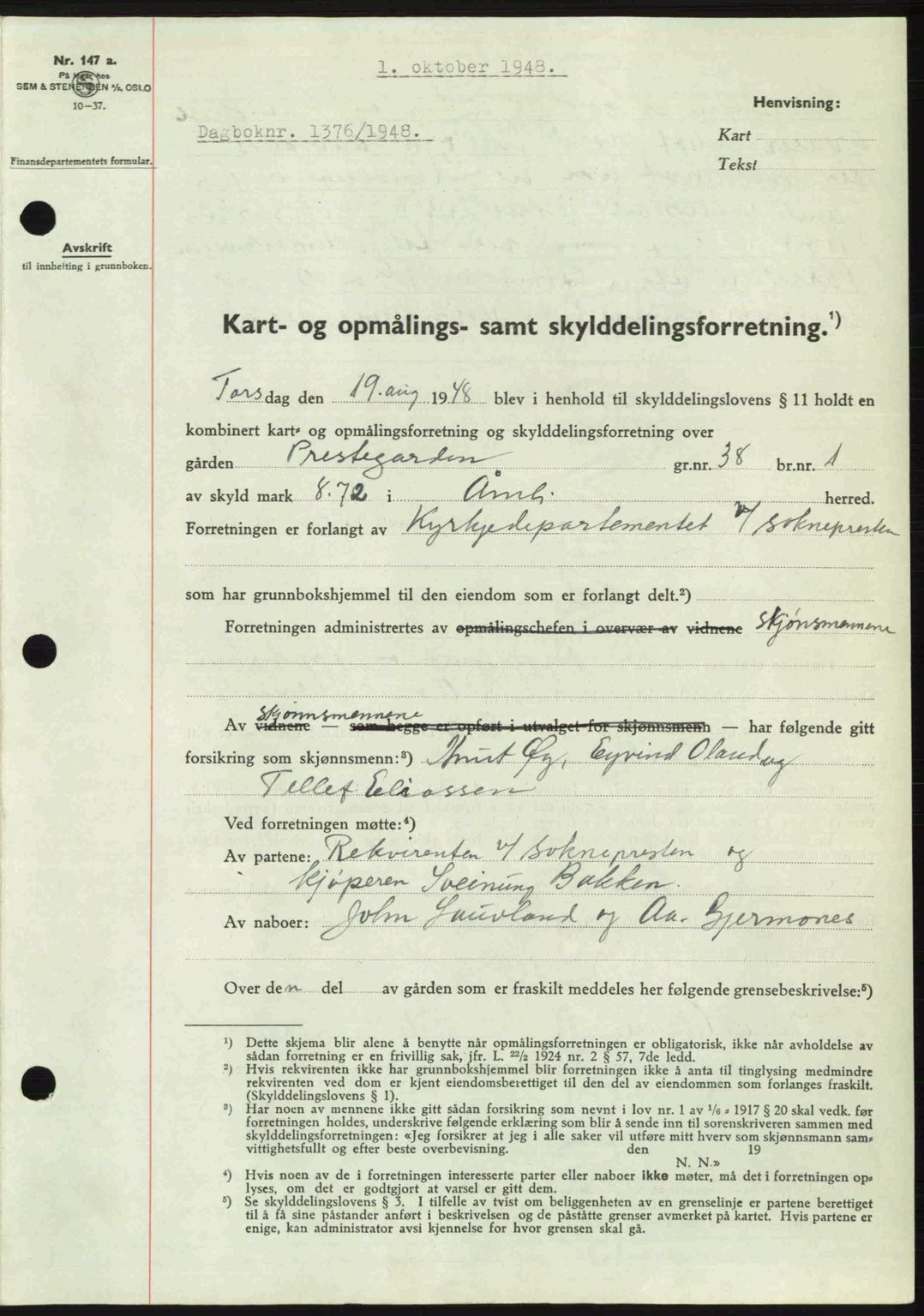 Nedenes sorenskriveri, SAK/1221-0006/G/Gb/Gba/L0059: Pantebok nr. A11, 1948-1948, Dagboknr: 1376/1948