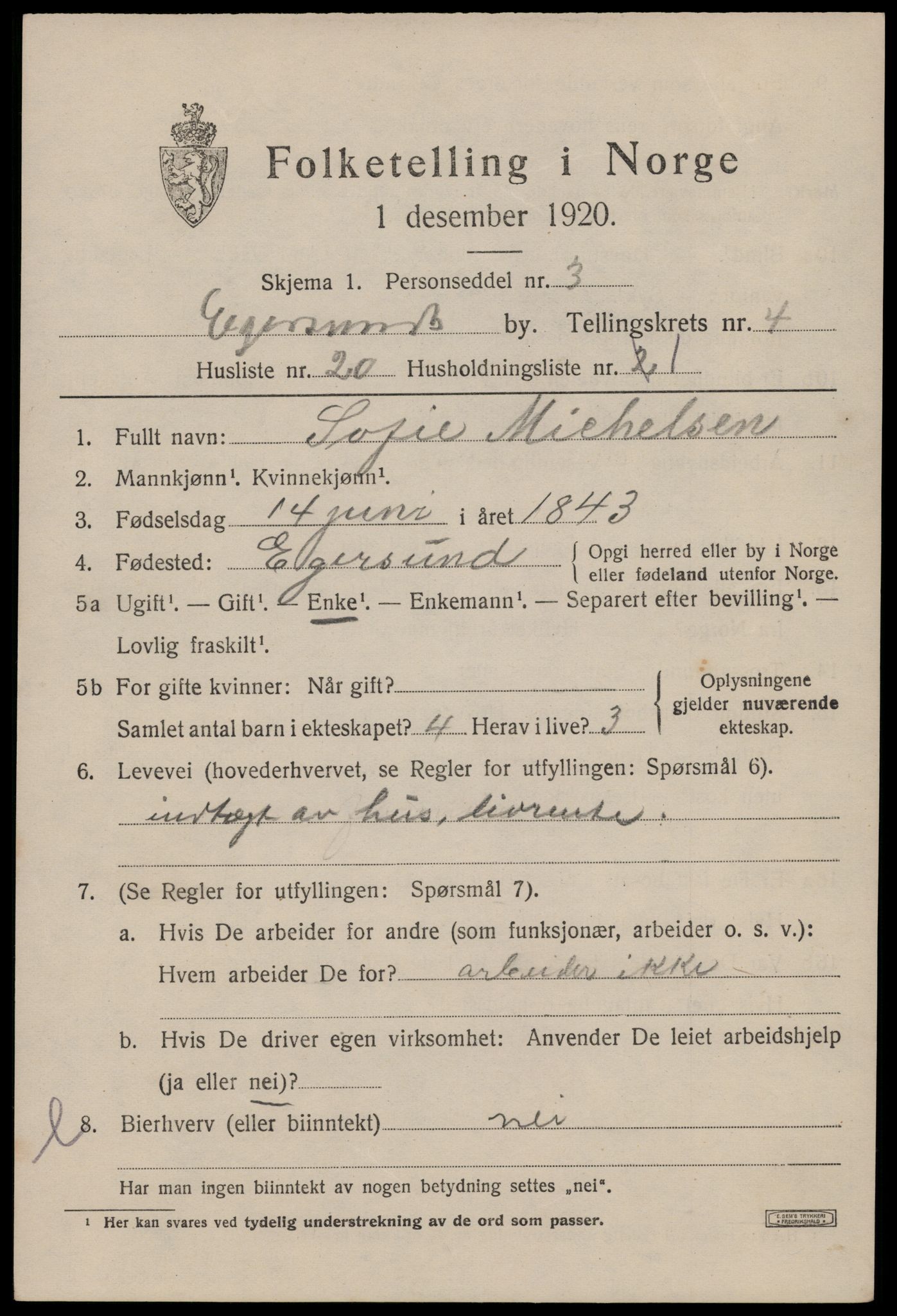 SAST, Folketelling 1920 for 1101 Egersund ladested, 1920, s. 6650