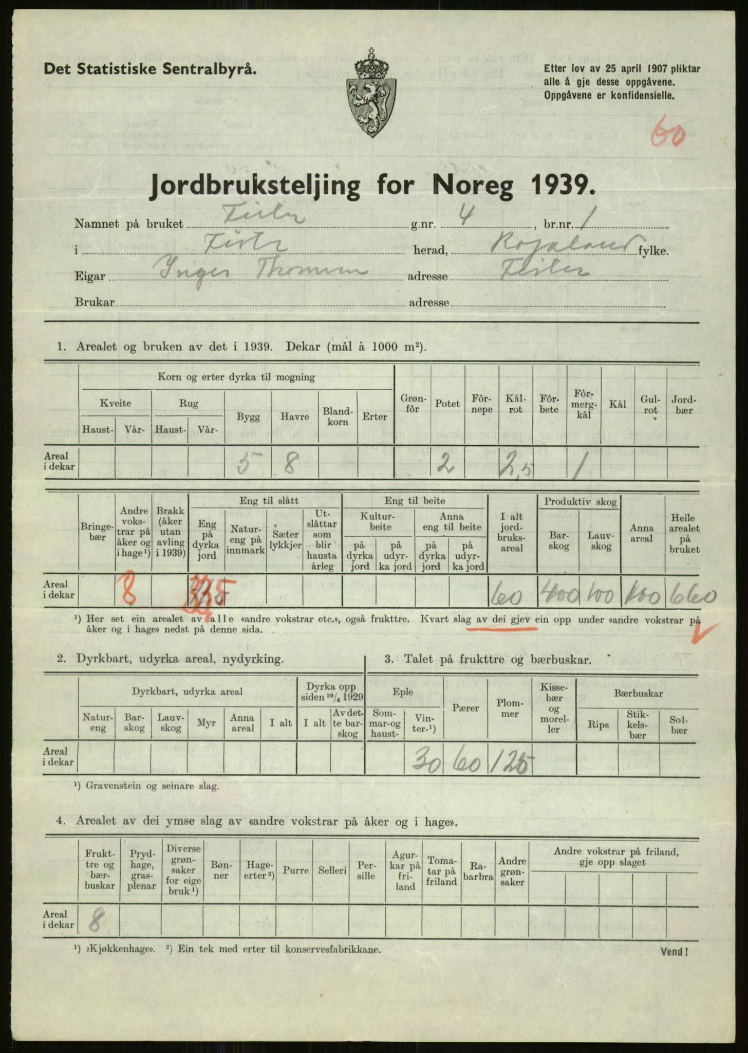 Statistisk sentralbyrå, Næringsøkonomiske emner, Jordbruk, skogbruk, jakt, fiske og fangst, AV/RA-S-2234/G/Gb/L0184: Rogaland: Årdal, Fister og Hjelmeland, 1939, s. 323