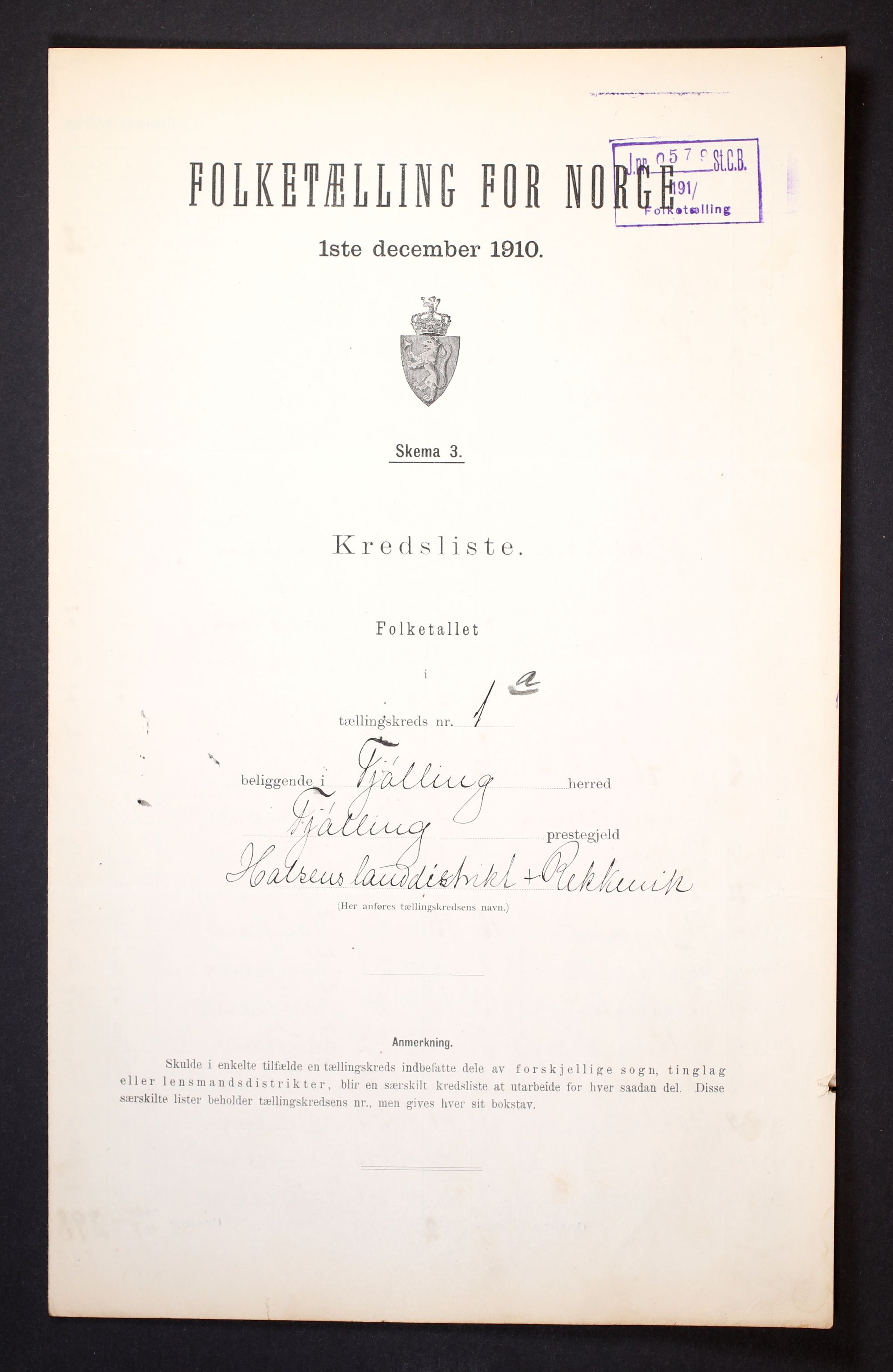 RA, Folketelling 1910 for 0725 Tjølling herred, 1910, s. 4