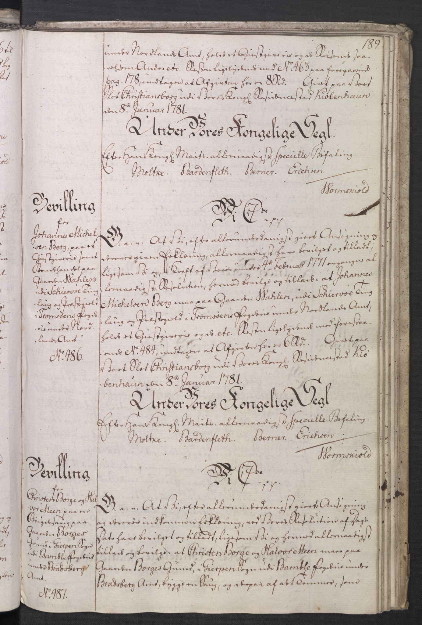 Rentekammeret, Kammerkanselliet, AV/RA-EA-3111/G/Gg/Gga/L0011: Norsk ekspedisjonsprotokoll med register (merket RK 53.11), 1779-1781, s. 189