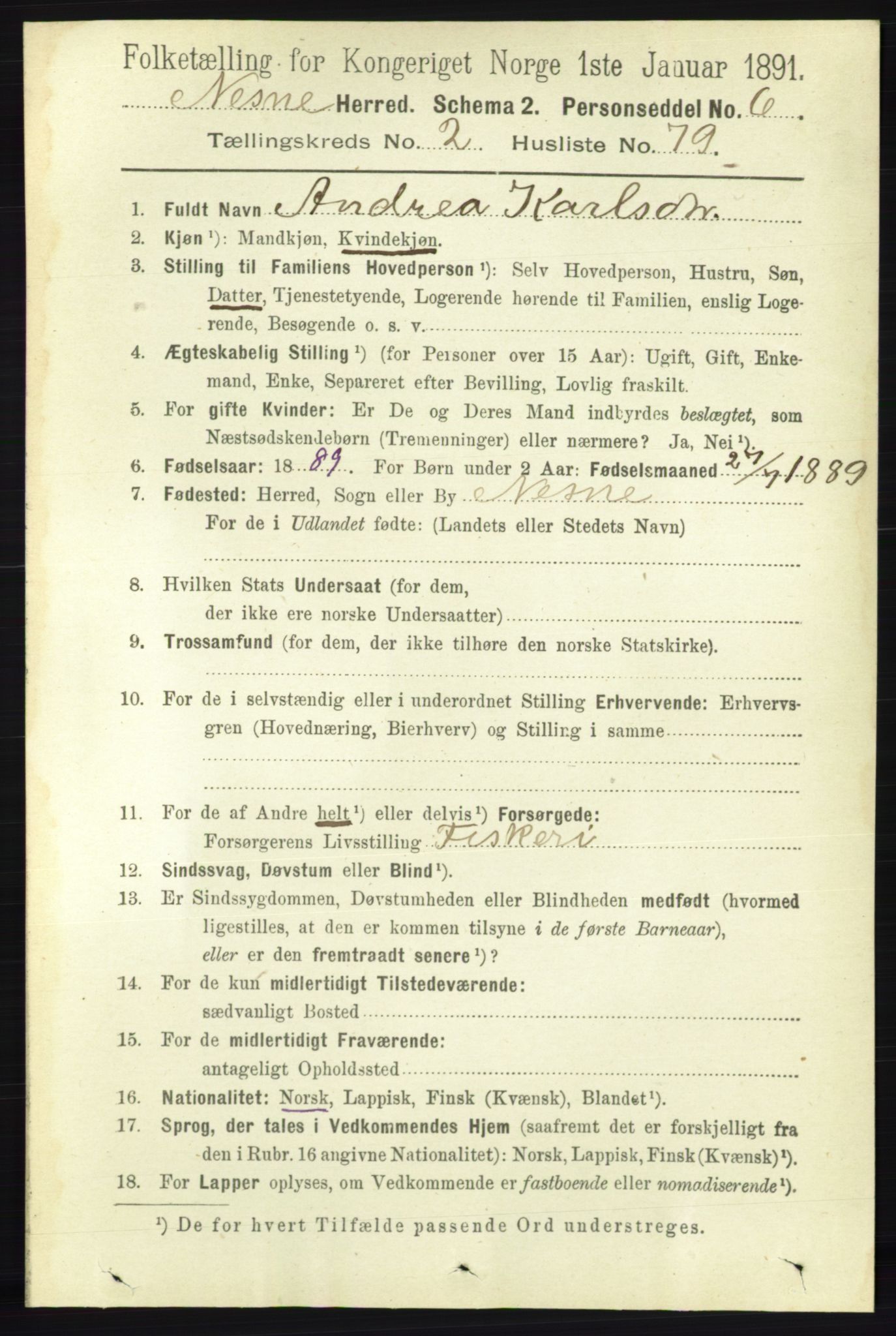 RA, Folketelling 1891 for 1828 Nesna herred, 1891, s. 1358