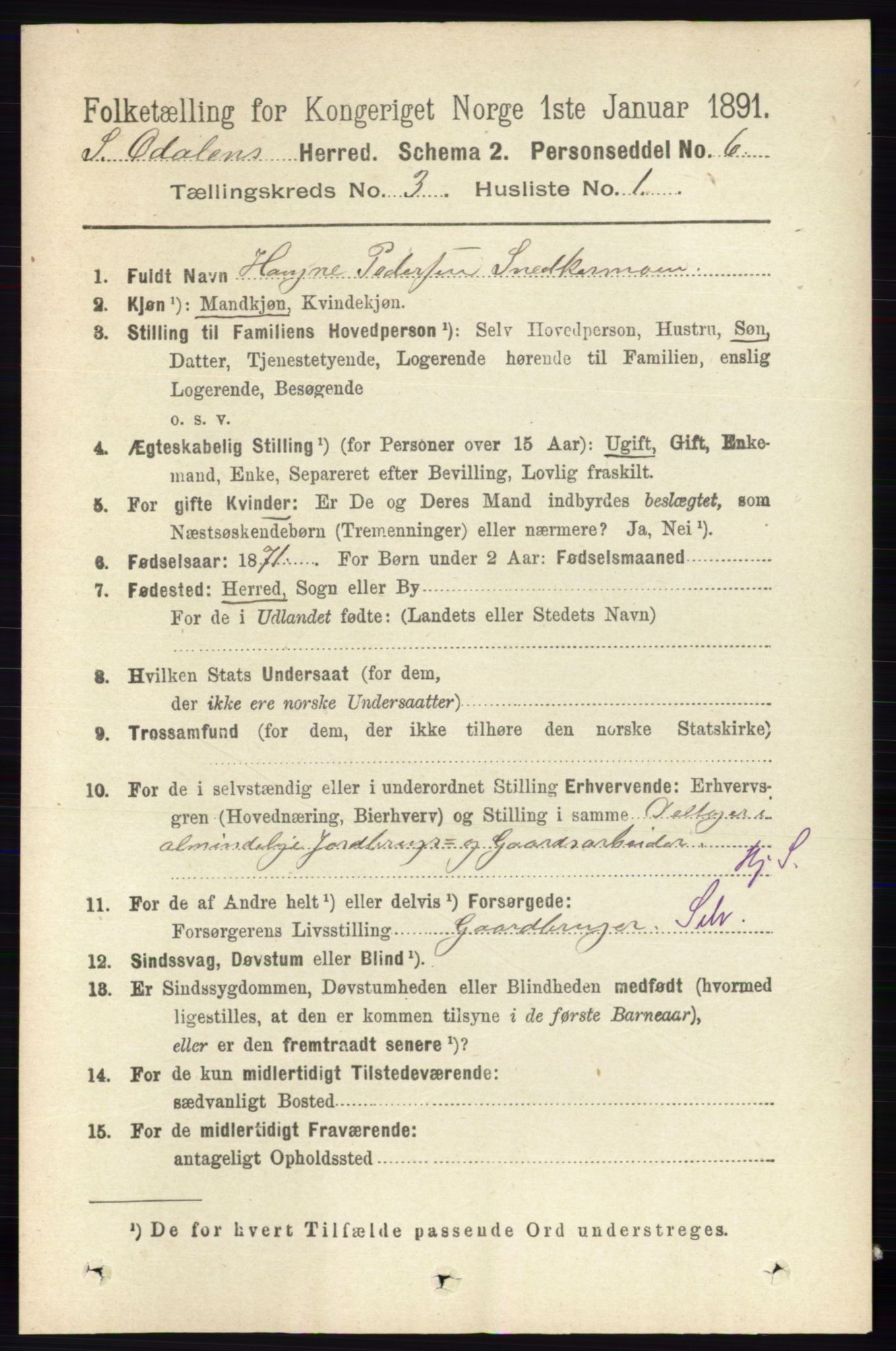 RA, Folketelling 1891 for 0419 Sør-Odal herred, 1891, s. 1158