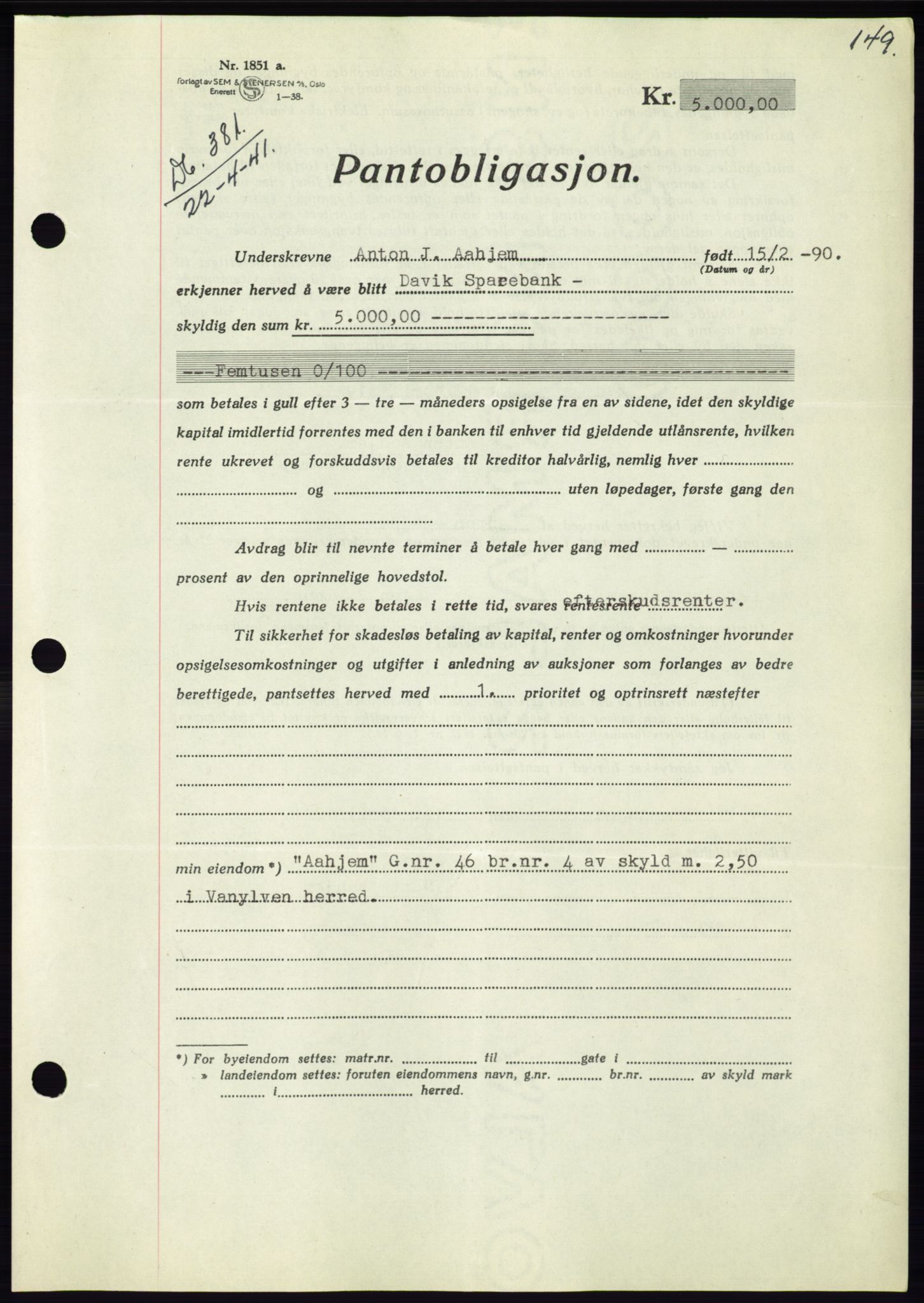 Søre Sunnmøre sorenskriveri, AV/SAT-A-4122/1/2/2C/L0071: Pantebok nr. 65, 1941-1941, Dagboknr: 381/1941