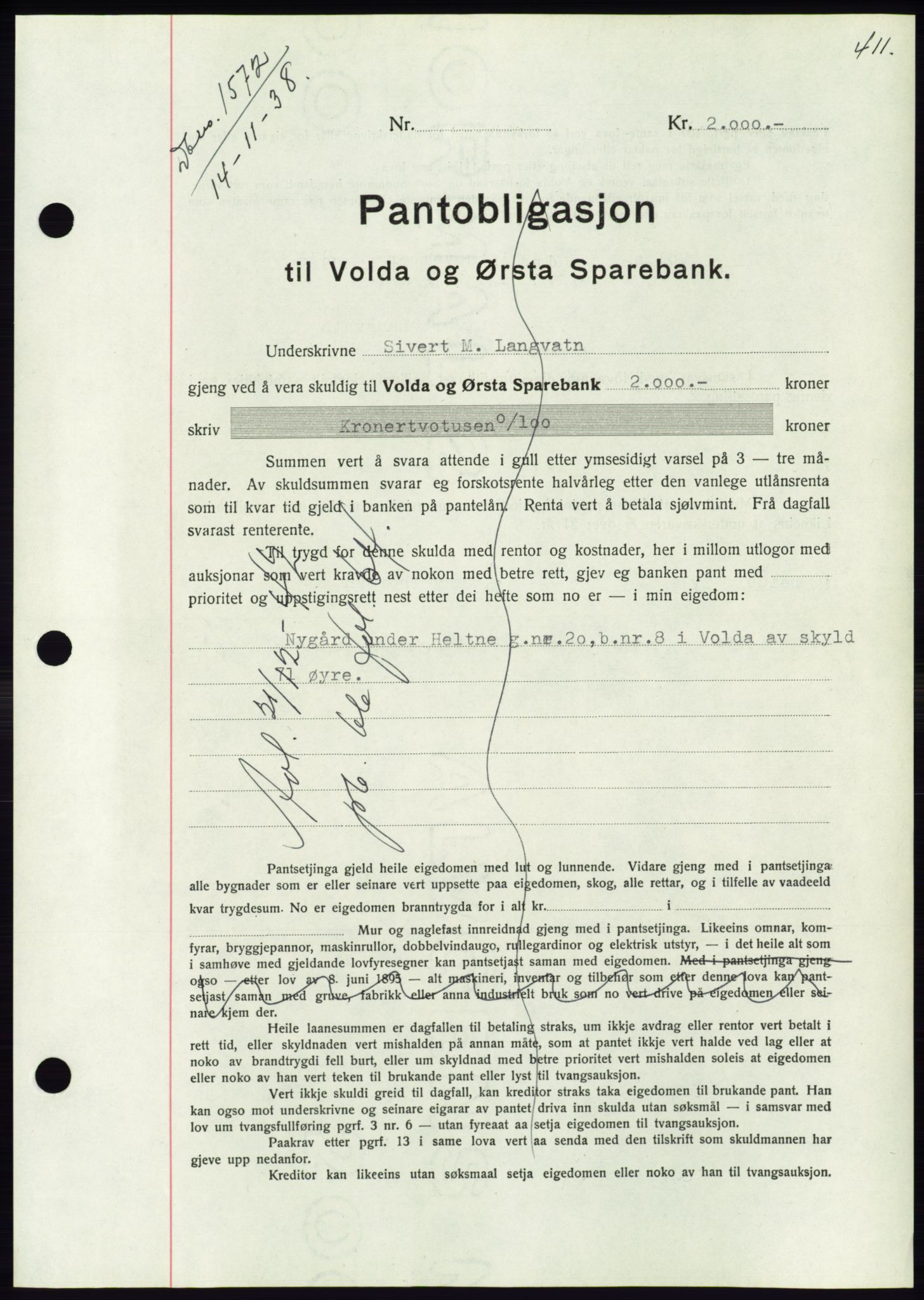 Søre Sunnmøre sorenskriveri, AV/SAT-A-4122/1/2/2C/L0066: Pantebok nr. 60, 1938-1938, Dagboknr: 1572/1938