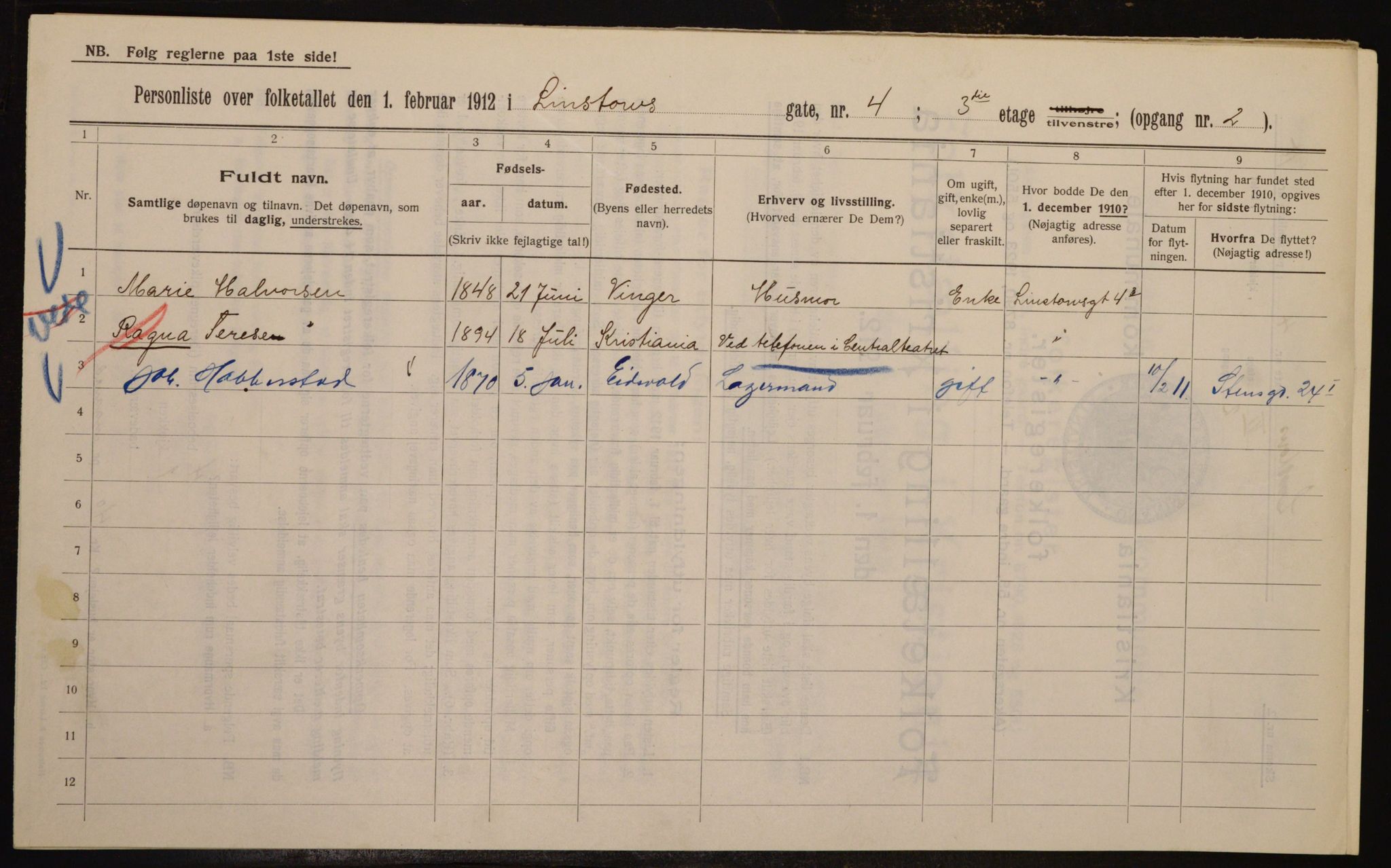 OBA, Kommunal folketelling 1.2.1912 for Kristiania, 1912, s. 58065