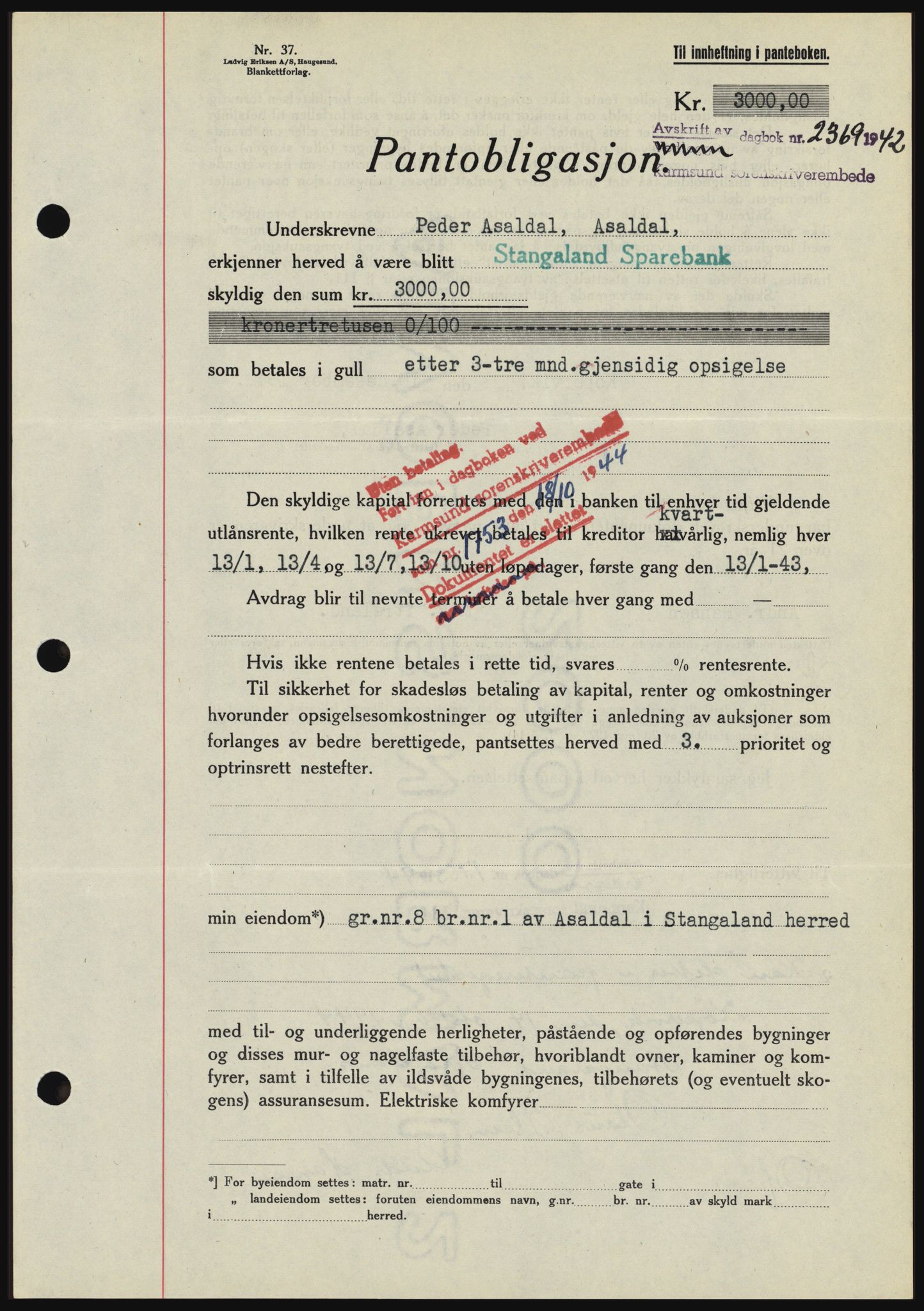 Karmsund sorenskriveri, SAST/A-100311/01/II/IIBBE/L0008: Pantebok nr. B 54, 1942-1943, Dagboknr: 2369/1942