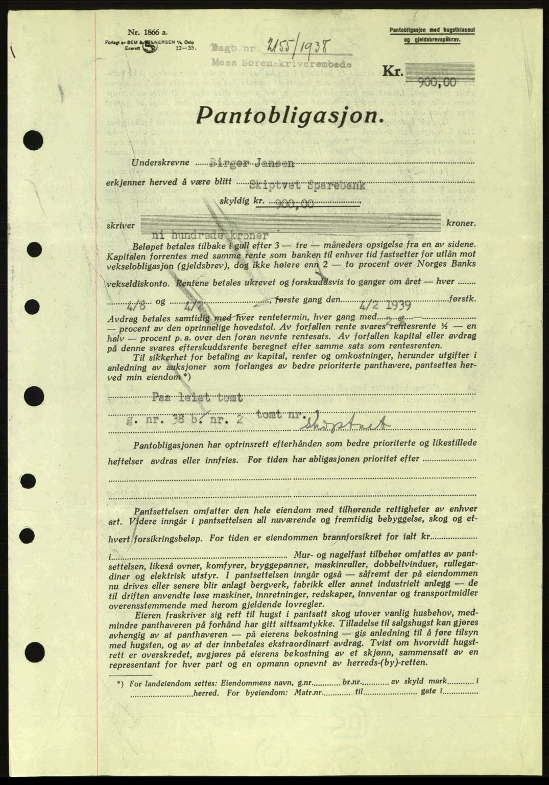 Moss sorenskriveri, SAO/A-10168: Pantebok nr. B6, 1938-1938, Dagboknr: 2155/1938