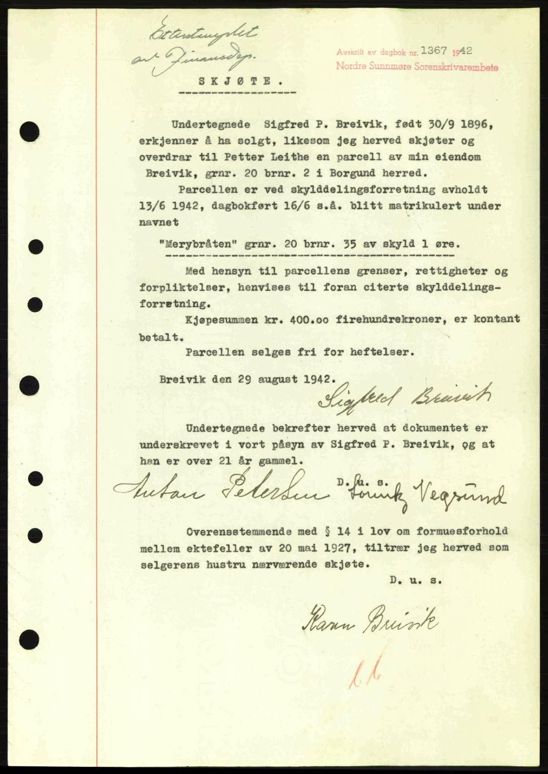 Nordre Sunnmøre sorenskriveri, SAT/A-0006/1/2/2C/2Ca: Pantebok nr. A14, 1942-1942, Dagboknr: 1367/1942