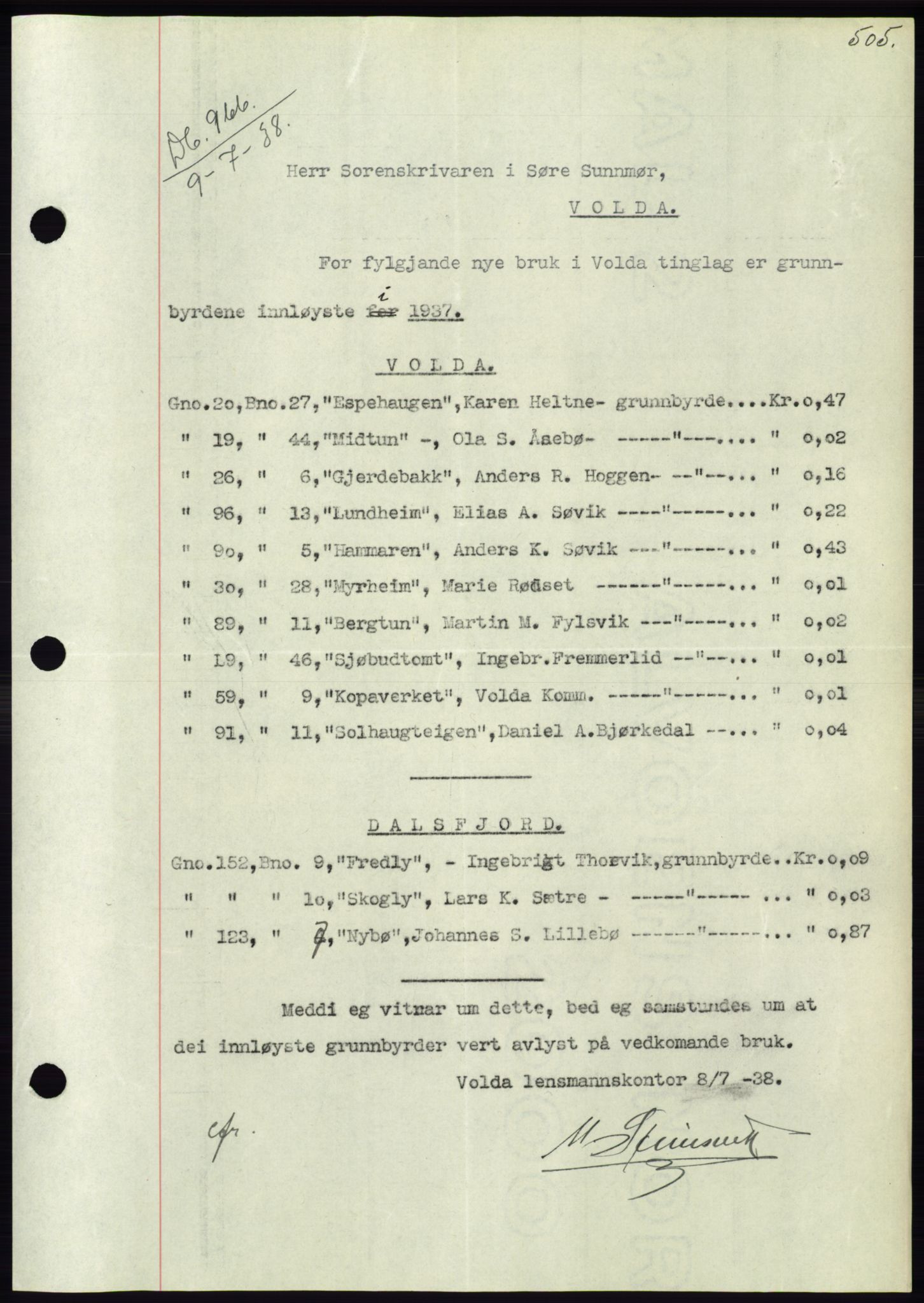 Søre Sunnmøre sorenskriveri, AV/SAT-A-4122/1/2/2C/L0065: Pantebok nr. 59, 1938-1938, Dagboknr: 966/1938