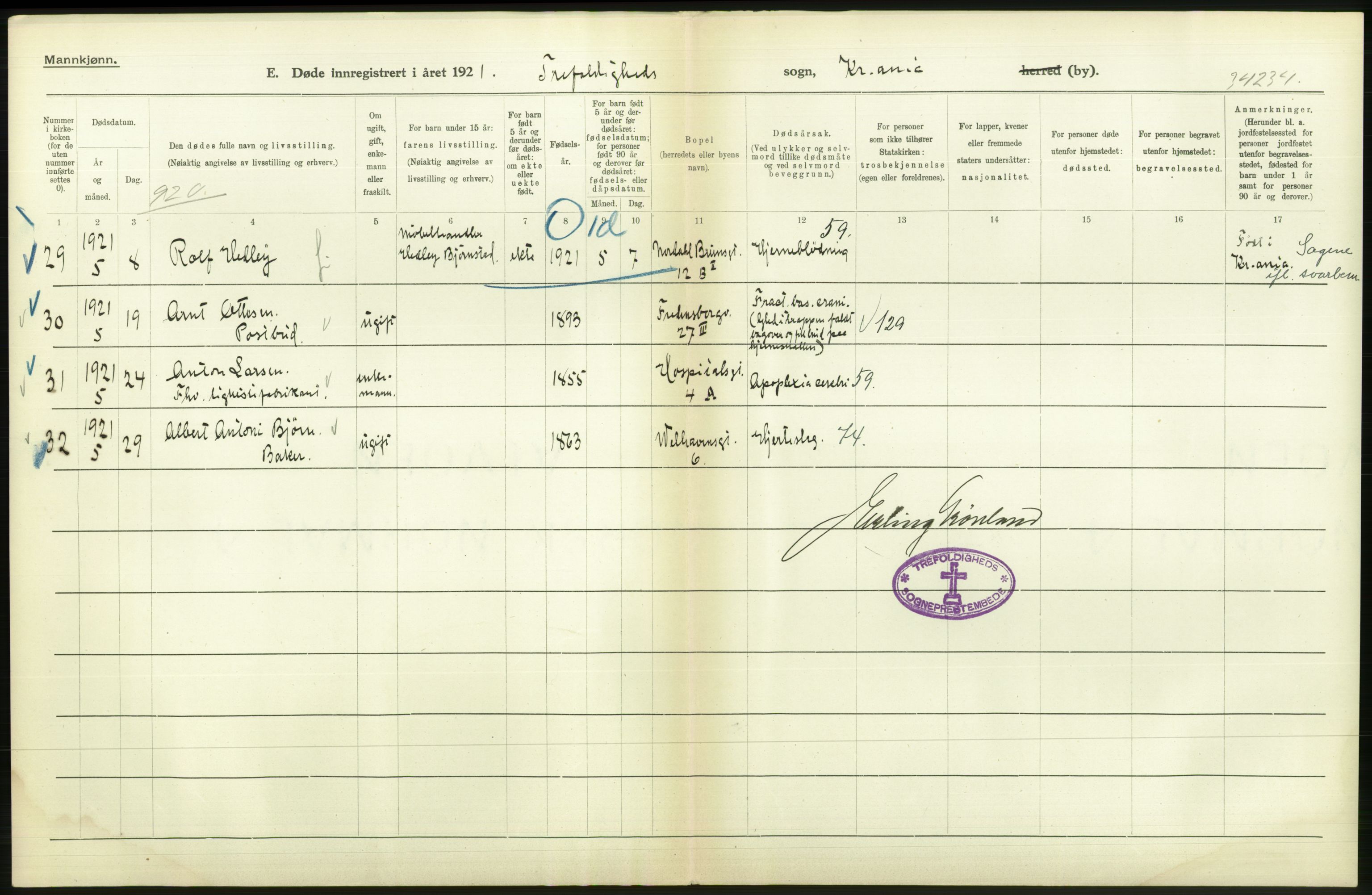 Statistisk sentralbyrå, Sosiodemografiske emner, Befolkning, AV/RA-S-2228/D/Df/Dfc/Dfca/L0012: Kristiania: Døde, 1921, s. 478