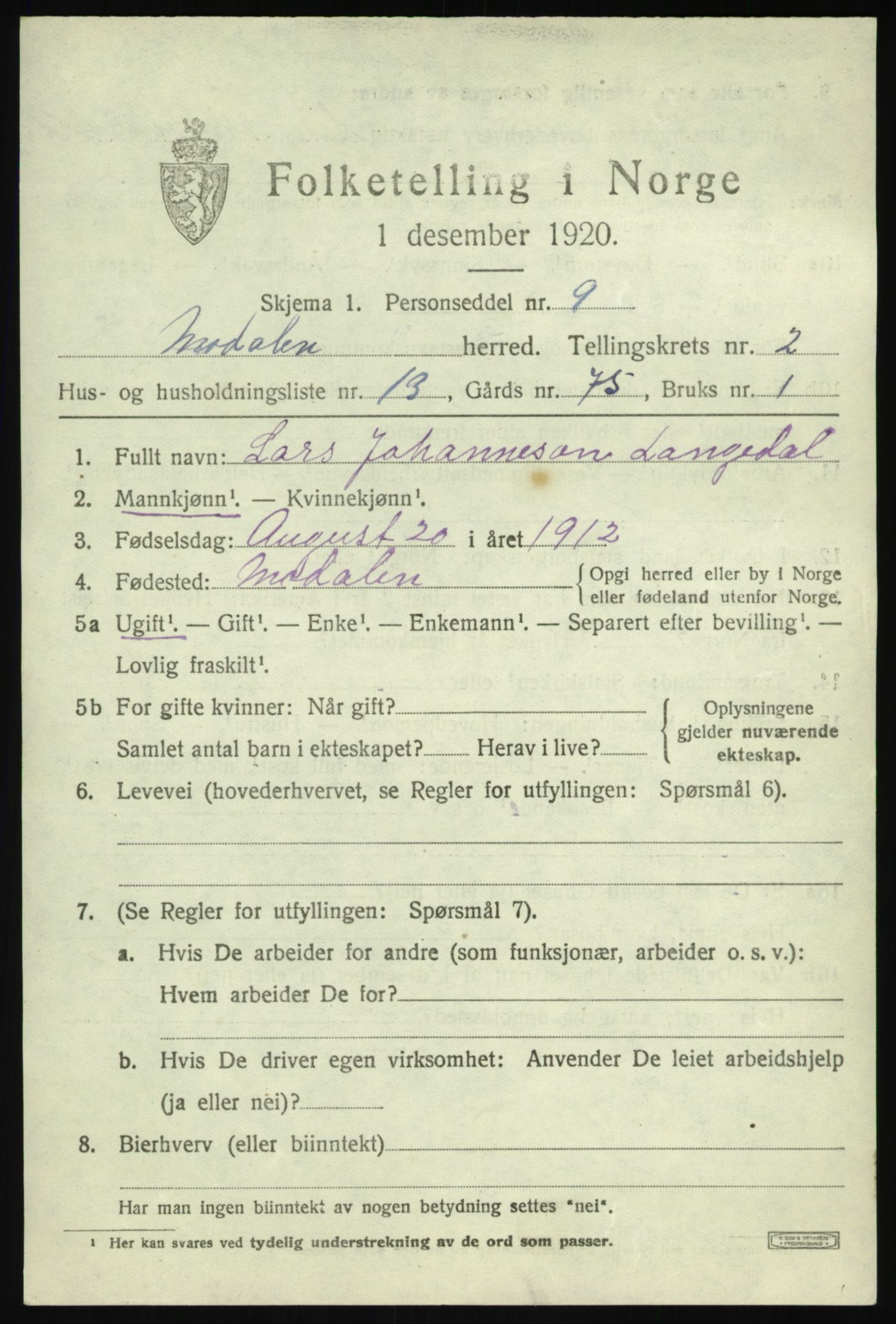 SAB, Folketelling 1920 for 1252 Modalen herred, 1920, s. 518