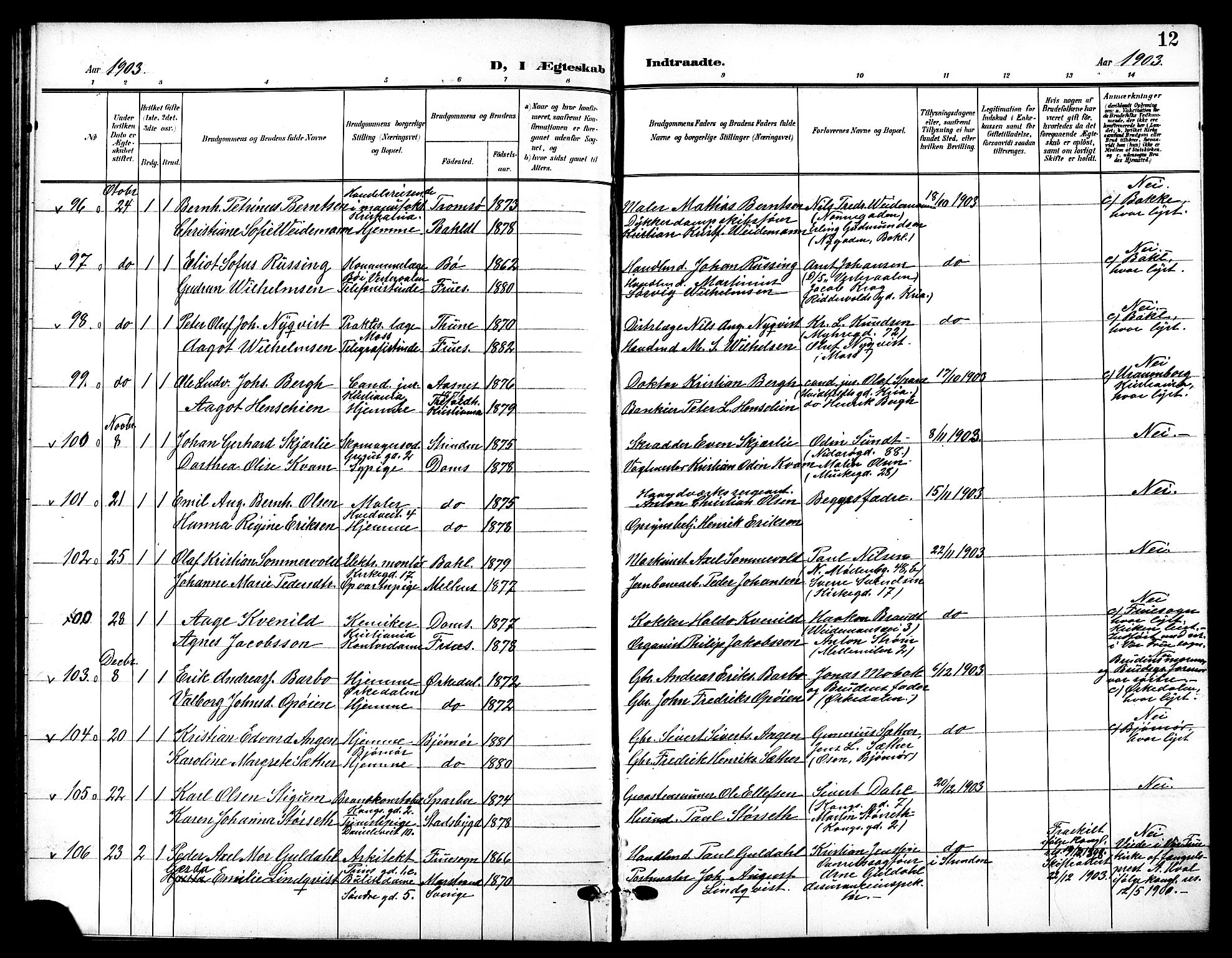 Ministerialprotokoller, klokkerbøker og fødselsregistre - Sør-Trøndelag, SAT/A-1456/601/L0095: Klokkerbok nr. 601C13, 1902-1911, s. 12