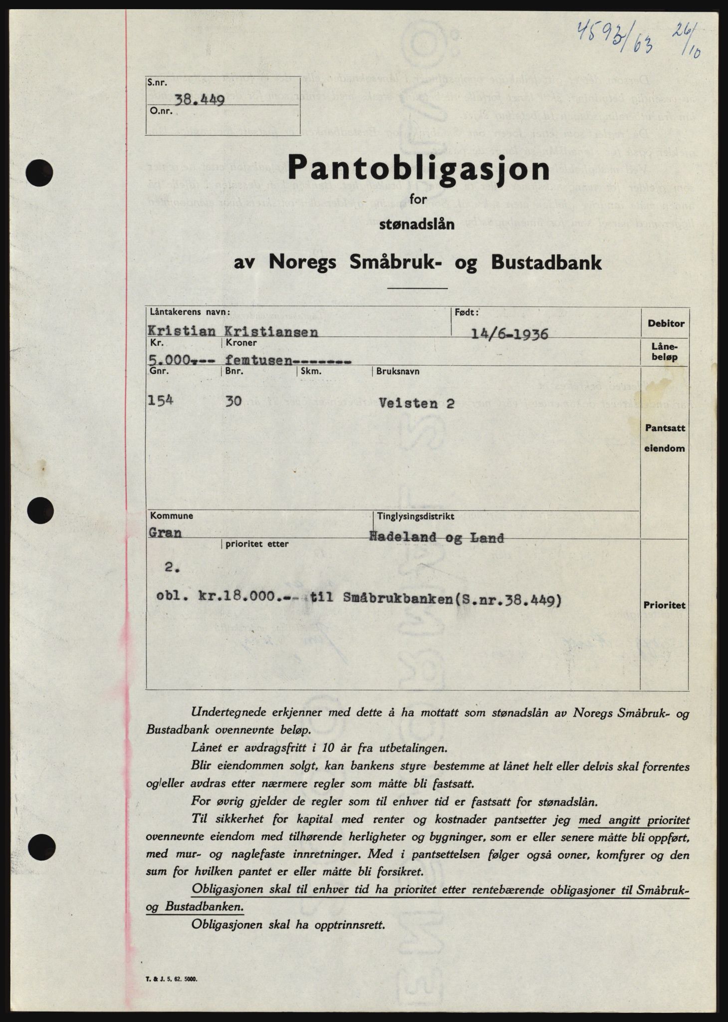 Hadeland og Land tingrett, SAH/TING-010/H/Hb/Hbc/L0053: Pantebok nr. B53, 1963-1964, Dagboknr: 4593/1963